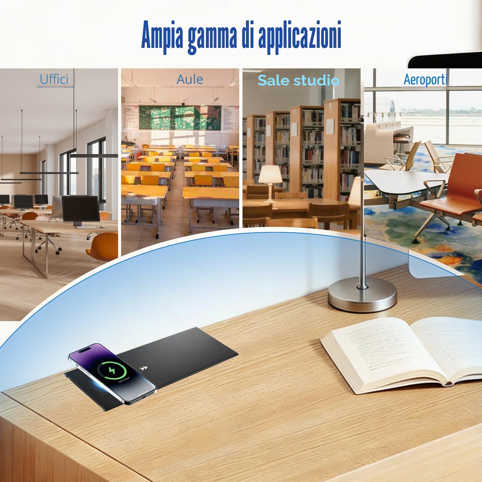 Ciabatta elettrica da incasso, 2 prese, a scomparsa, con caricatore wireless da 15 W, e USB-C, presa a scomparsa con coperchio scorrevole per scrivania, divano, tavolo da conferenze