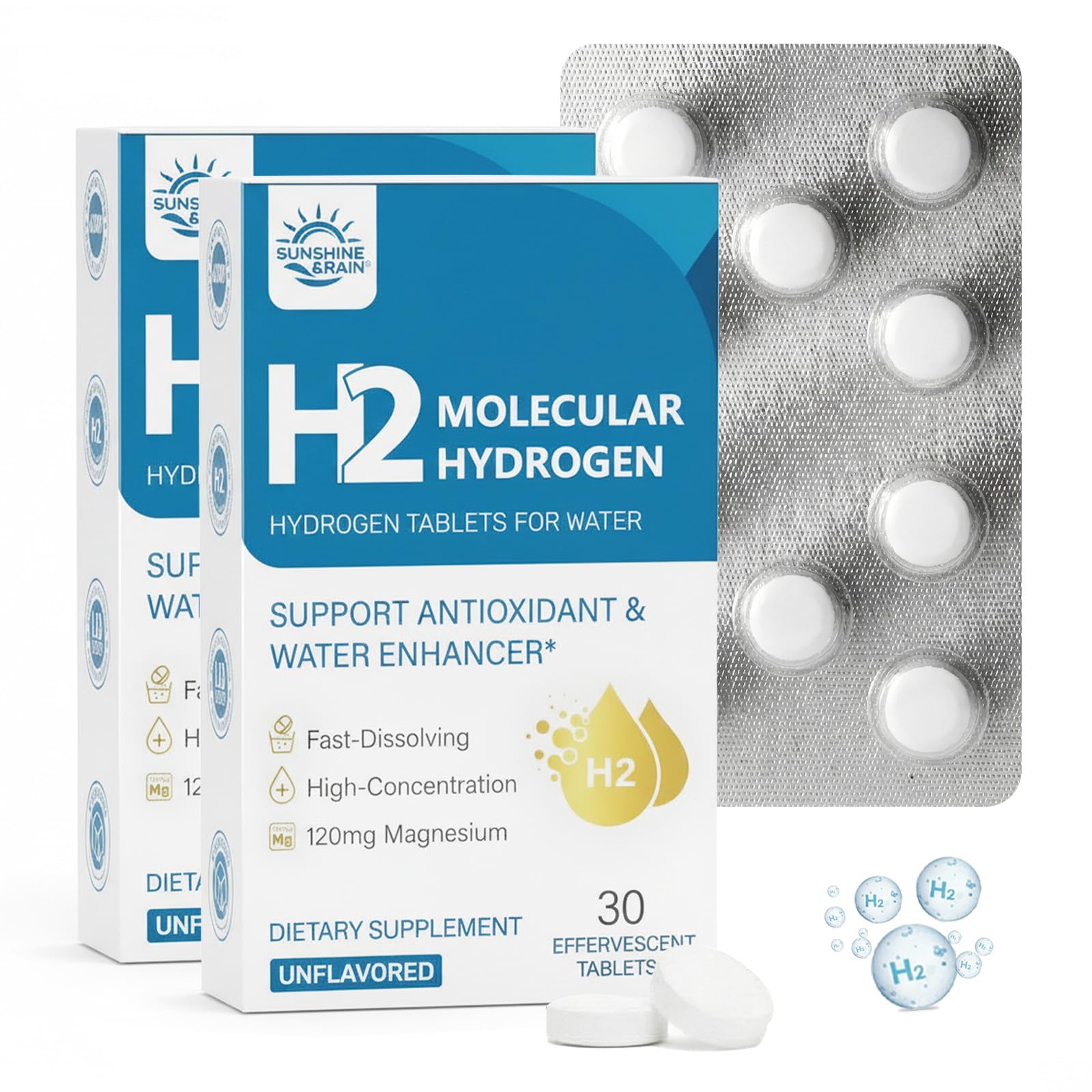 Hydrogen Tablets, Molecular Hydrogen H2 Tablets, 16 PPM Hydrogen Water Unflavored 30 Count (Pack of 2)