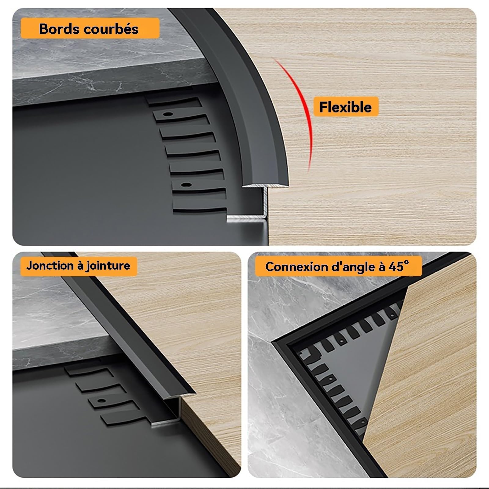 Perfil flexible de aluminio para parquet, 90 cm, 3 piezas, fácil instalación, perfecto para espacios renovados (negro, AU04)