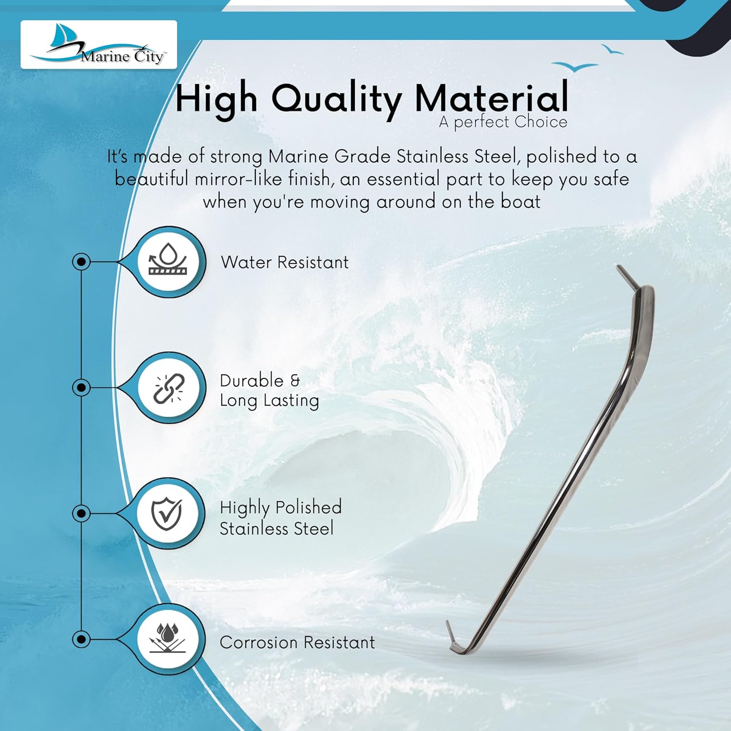 MARINE CITY Oval Tube Boat Handle Grab Bar Mount Handrail with Flange and Studs 30 Inches, Marine-Grade 304 Stainless Steel for Yachts, RVs, and Boats (Pack of 1)