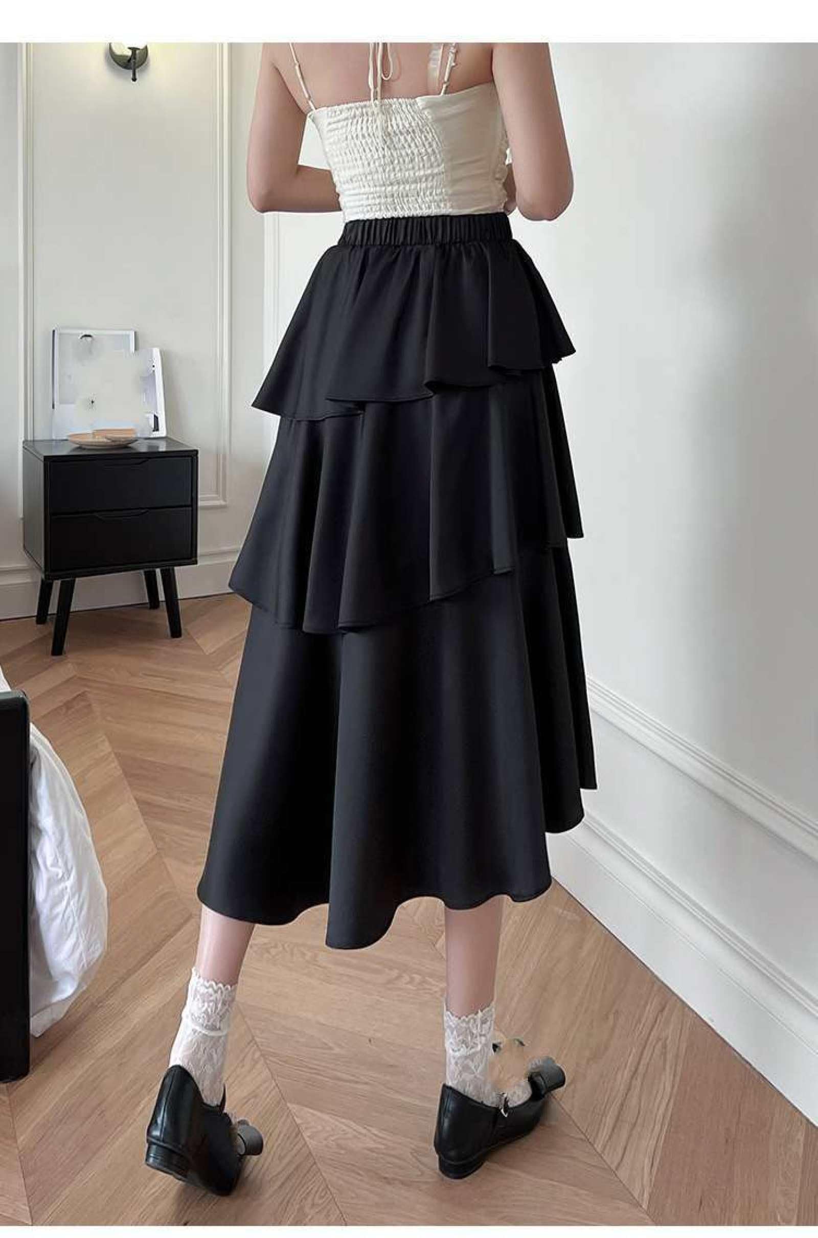 Jupe De Gâteau en Satin De Fibre De Vinaigre Taille Haute pour Femme - Été Polyvalente Couleur Unie Taille Élastique Jupe Mi-Longue Petite Jupe À Volants Irréguliers Une Ligne Jupe Longu
