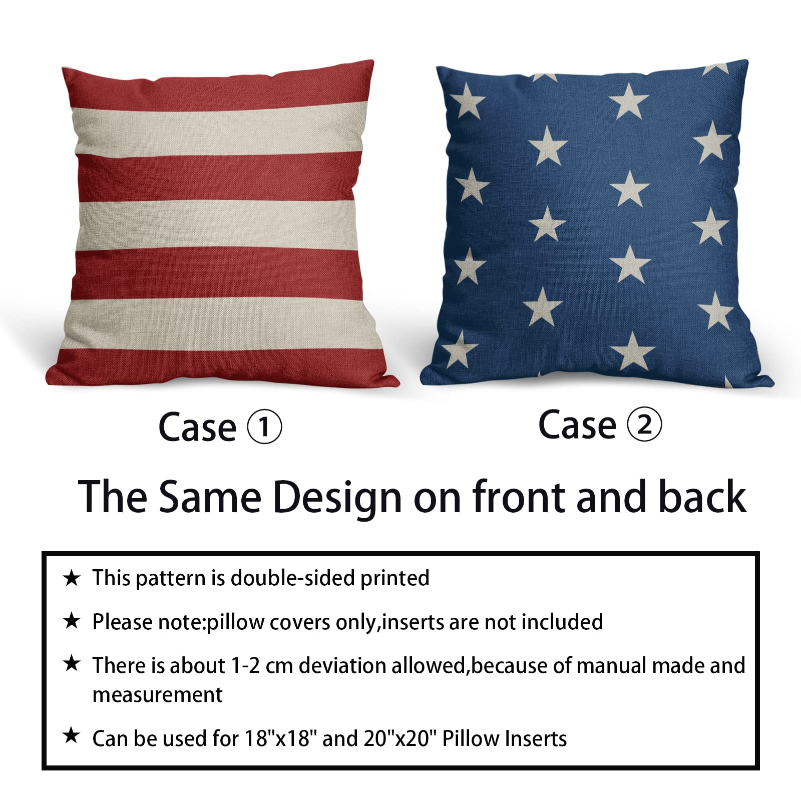4th of July Pillow Covers 18x18 Blue Stars Red Stripes Memorial Day Independence Day American Patriotic Decorative PillowCase for Couch Sofa Home Throw Pillows Square Linen Cushion Case, Set of 4