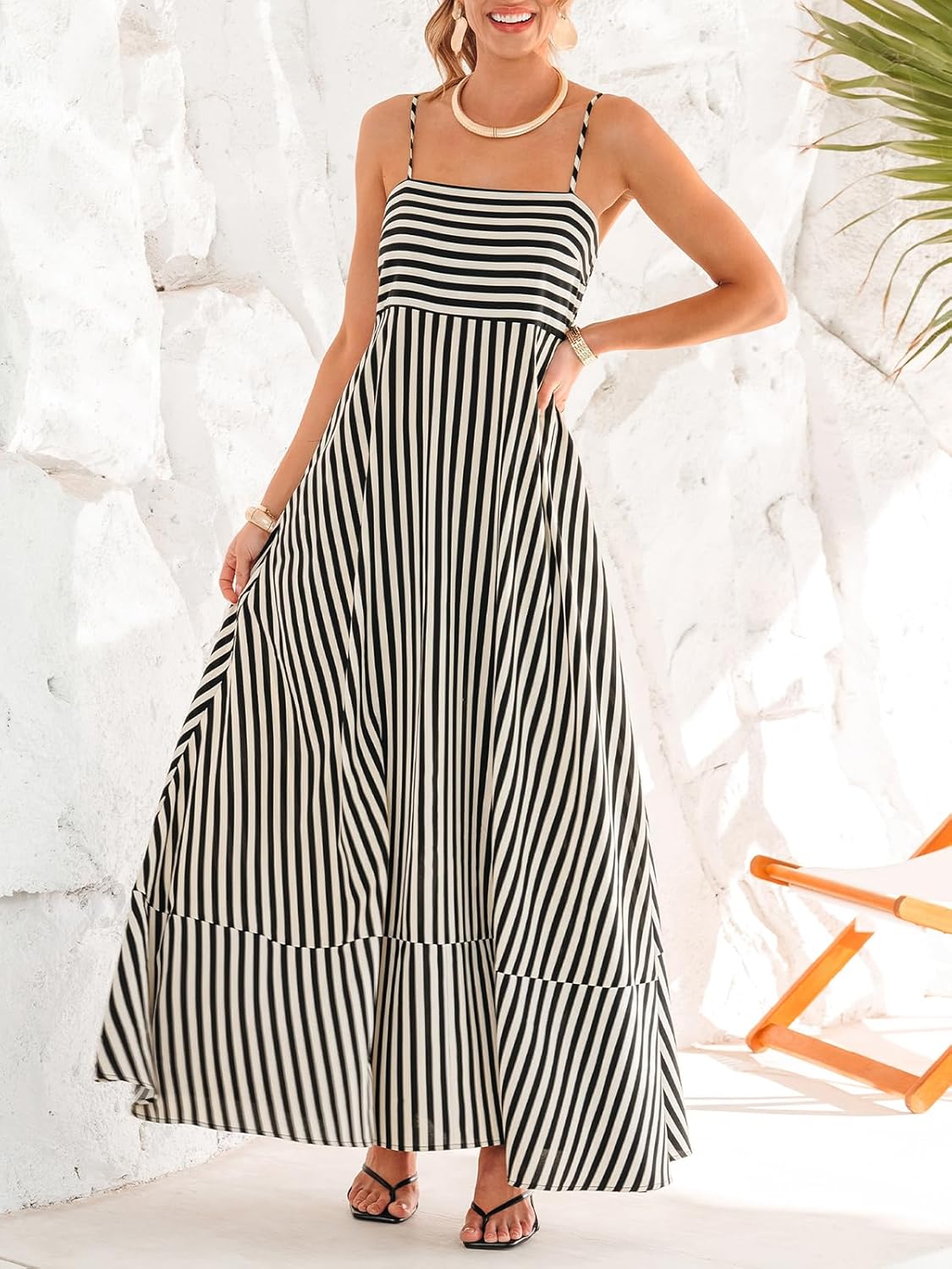 CUPSHE Womens Summer Maxi Dress Casual Sleeveless Square Neck Striped Beach Long Dress Black XXL - Image 4