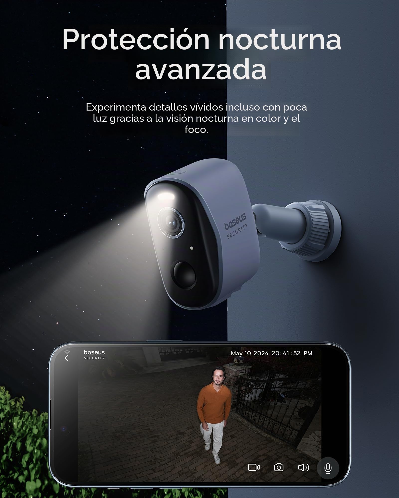 Baseus Cámara de Seguridad para Exterior Solar Inalámbrica 16TB Almacenamiento Expandible, Energía Eterna, IP67, Visión Nocturna, Cámara 2K de Vigilancia WiFi con Panel Solar, 16GB de Almacenamiento