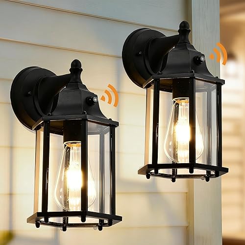 Farol de pared para exteriores del atardecer al amanecer, paquete de 2 lámparas de pared negras para montaje en pared, aplique de pared al aire