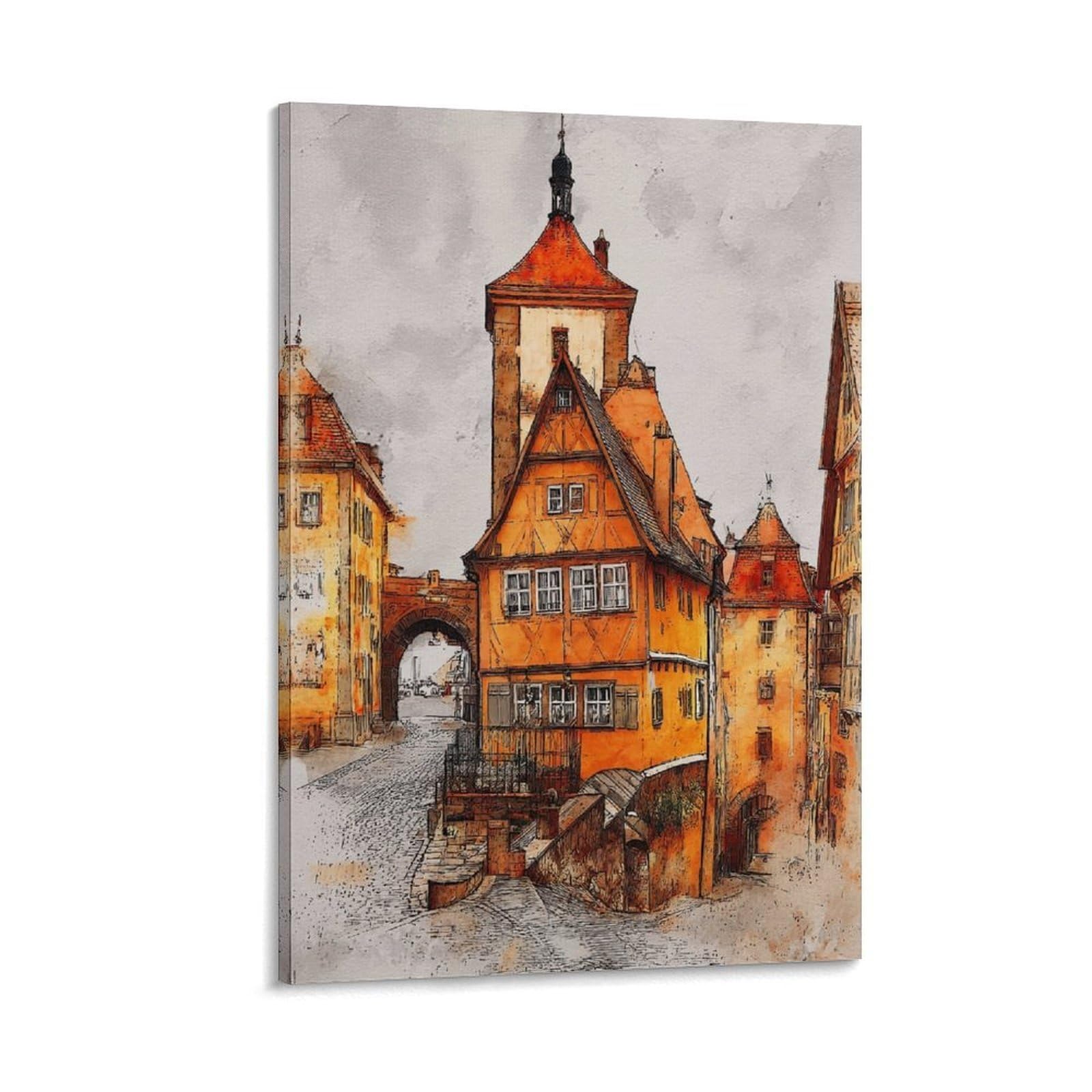 Lcynnh Frame-Style Rottenburg Germany 24X36inch(60X90cm) Vintage Travel Poster Watercolor Canvas Art