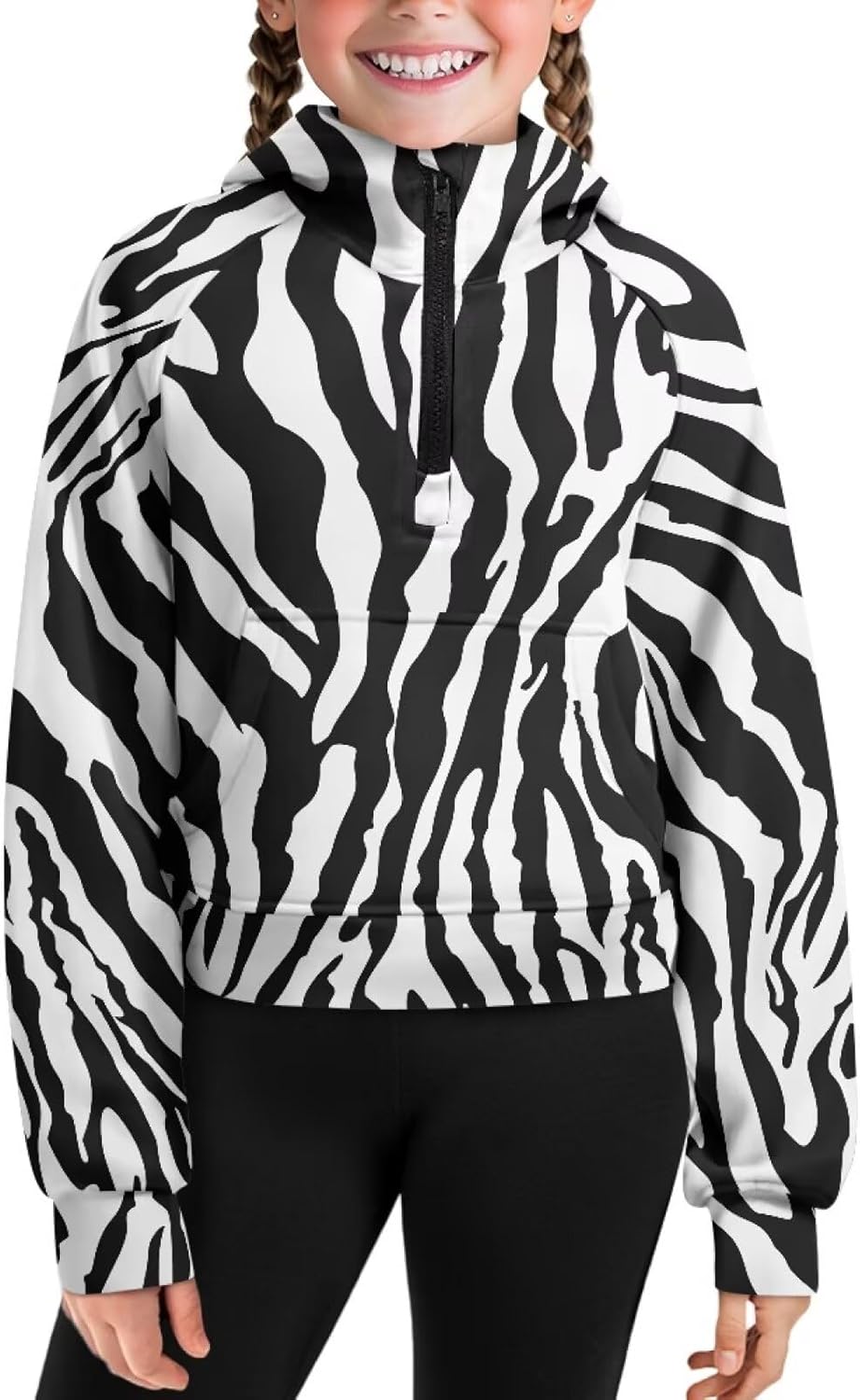 Girls Casual Hoodies Cropped Half Zip Fashion Pullover Tops Kids Long Sleeve Workout Running Sweatshirt with Pocket