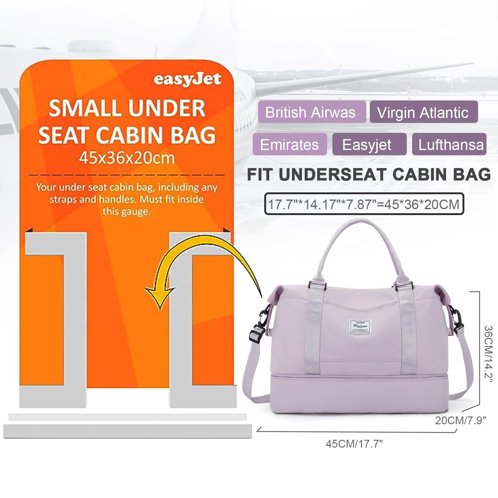 Borsone da Viaggio Donna, 45x36x20 Easyjet Bagaglio a Mano Borsa da Viaggio con Scomparto per le Scarpe, Borsa Sportiva Borsone da Palestra Grande, Borsa da Weekend,E7-Purpureo chiaro