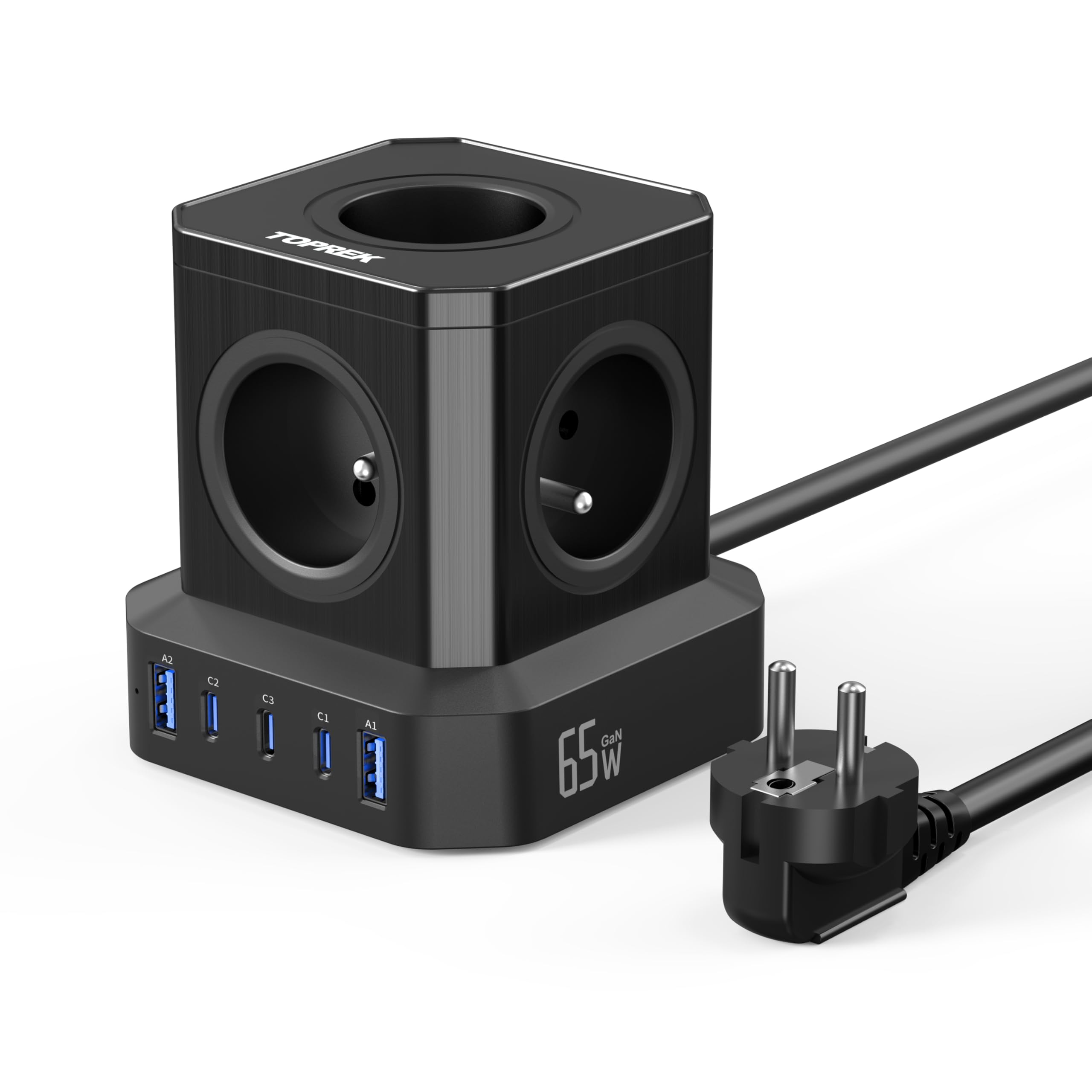 65W PD3.0 USB-C Mehrfachsteckdose, TOPREK 5 Wege Verlängerungskabel (16A/4000W) mit Mehrfachsteckdose und Kindersicherung, 2m, Verlängerungskabel für Zuhause, Wohnheim, Büro, Reisen
