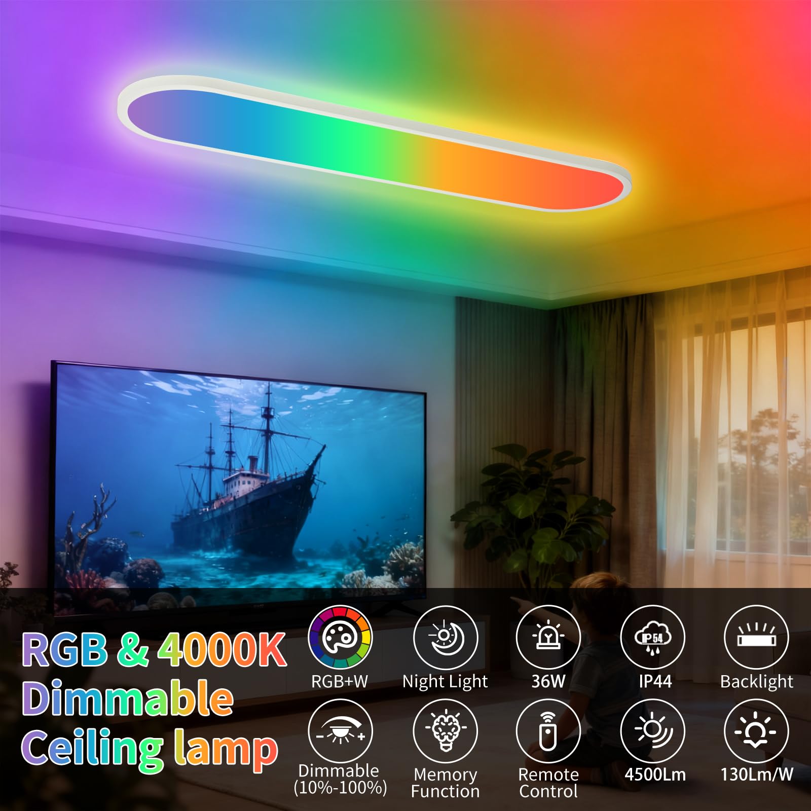 LEZOE LED Deckenlampe dimmbar mit Fernbedienung 80x20x2.9cm, 36W 4500LM RGB Deckenlampe Farbwechsel Speicherfunktion, IP44 Bürodeckenleuchte LED Panel für Wohnzimmer Schlafzimmer Küche Heimbüro Oval