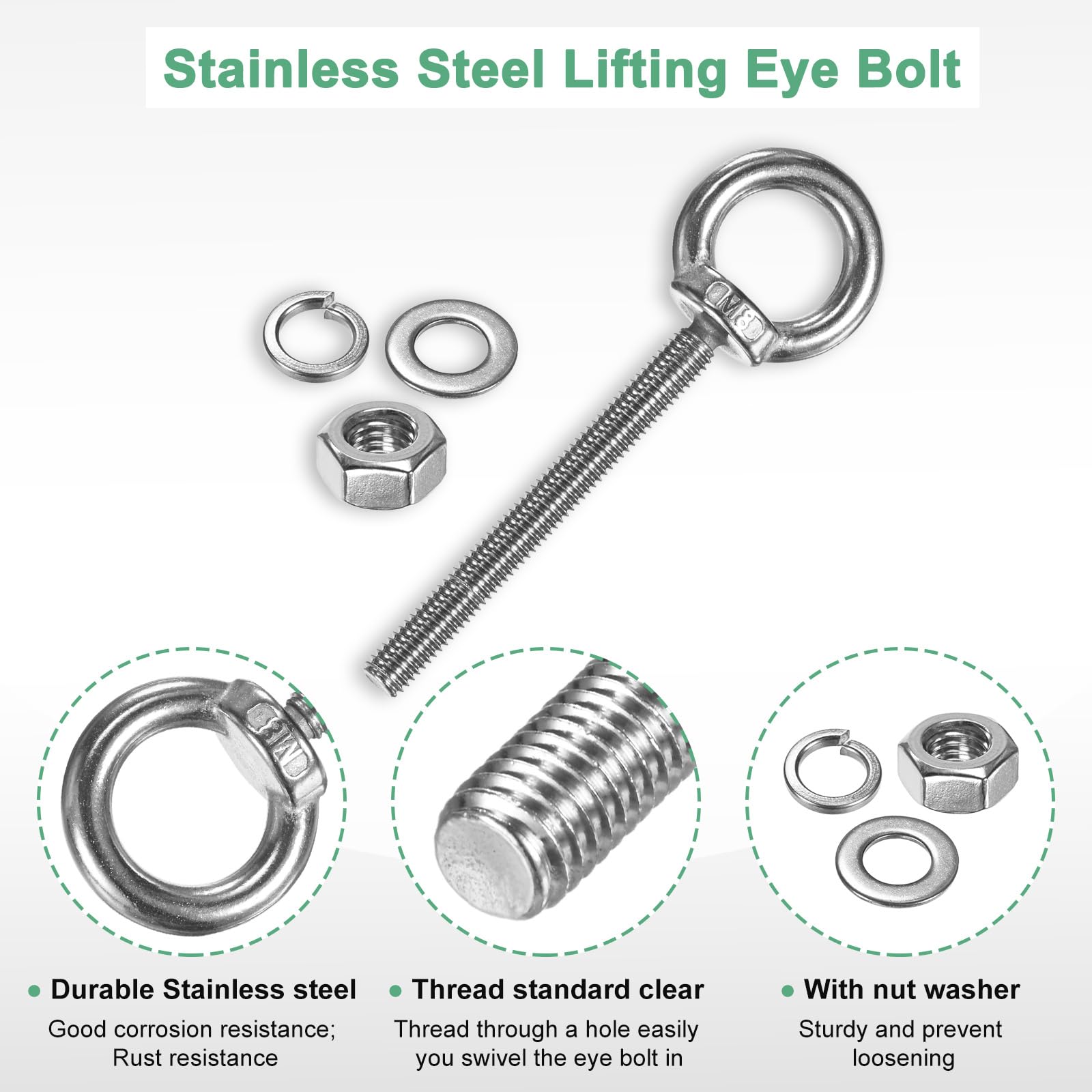 M METERXITY 10-Sets Stainless Eyebolt M8x80mm Shoulder Lifting Eye Bolt with Nuts Washers Male Screw Thread Ring Shoulder Eye Bolts Length 3.15 Inch for Suspending/Fastening - Image 2