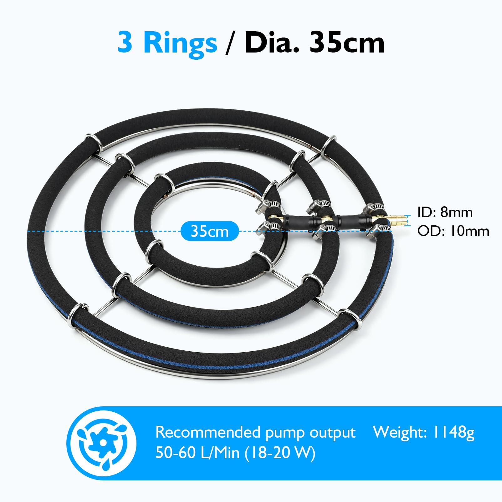Belüfterring Koi Teich Belüftung Sauerstoff φ35cm, Belüftungsring 3-in-1 Ringe teichbelüfter für große teiche, Rohrdurchmesser 8mm, Teichbelüfter mit φ9mm Schlauch 5m, für Gartenteiche, Aquarium