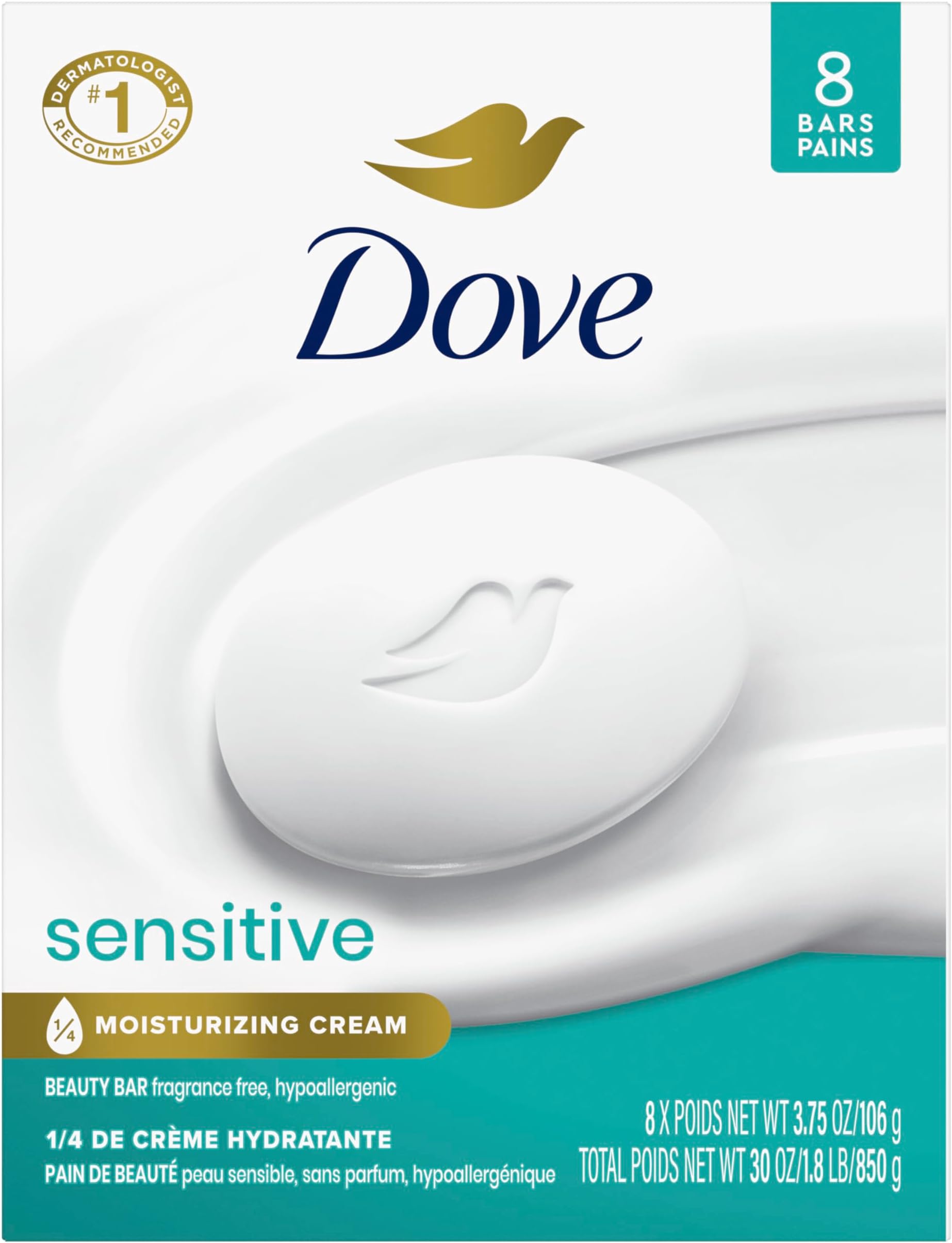 Dove Beauty Bar Soap Sensitive, 8 Bars for Sensitive Skin, Fragrance Free and Hypoallergenic 3.75 oz