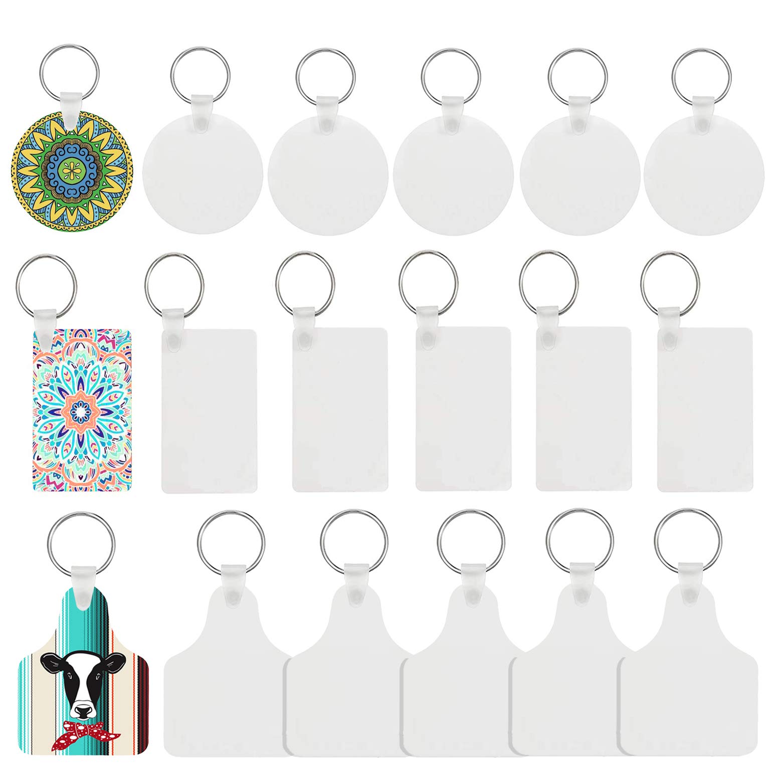 30 Packs Sublimation Blank MDF Board Keychains, Heat Transfer Ornaments Keychains DIY Double-Sided Blank Ornaments Sublimation Pendant Keychain in Round, Cow Ear and Square Shape