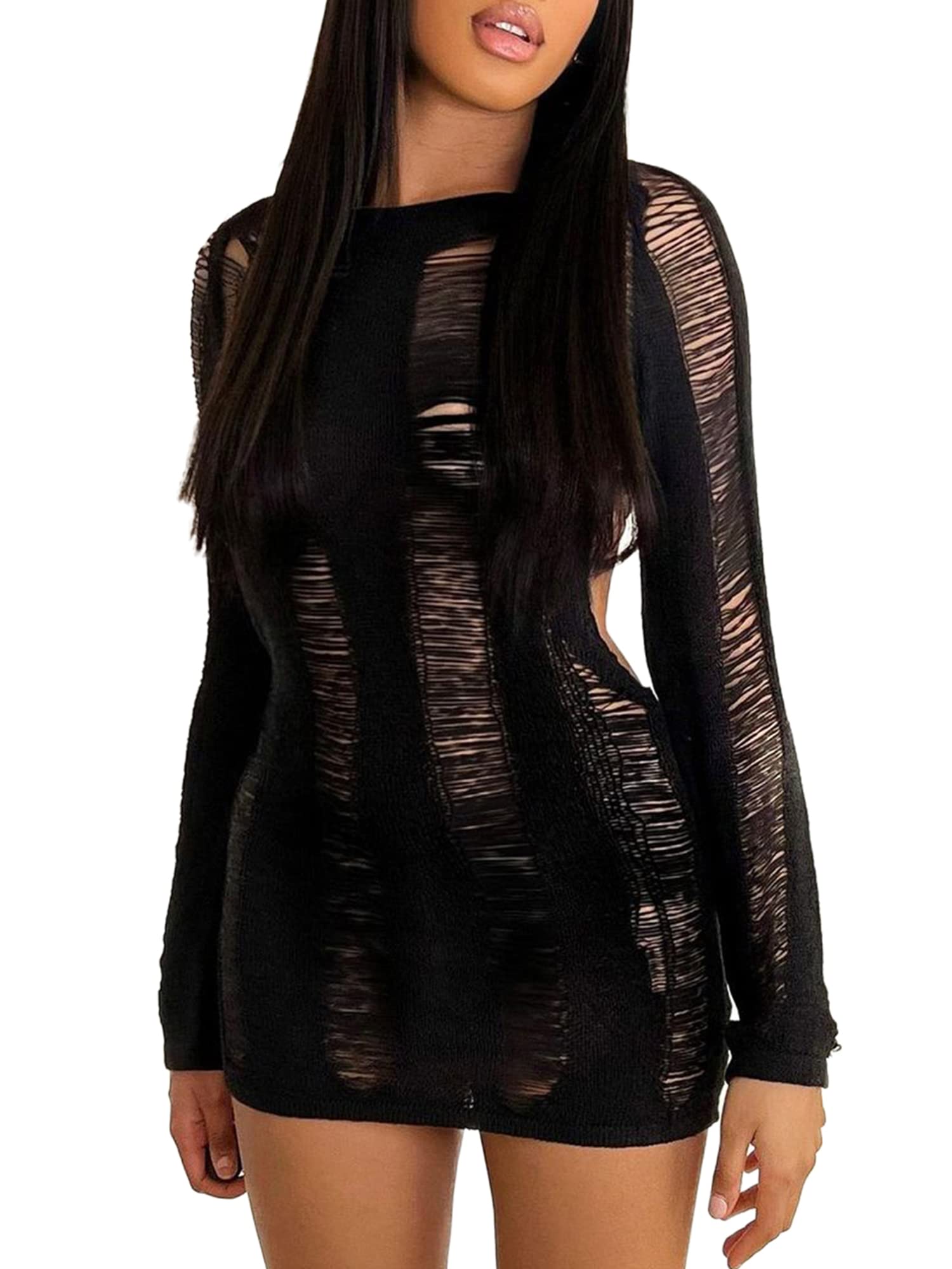 Women Y2K Hollow Out Dress Long Sleeve Round Neck Mesh Cut-Out Wrapped Mini Dress Clubwear Party Cocktail Clothes (A-Black, S)