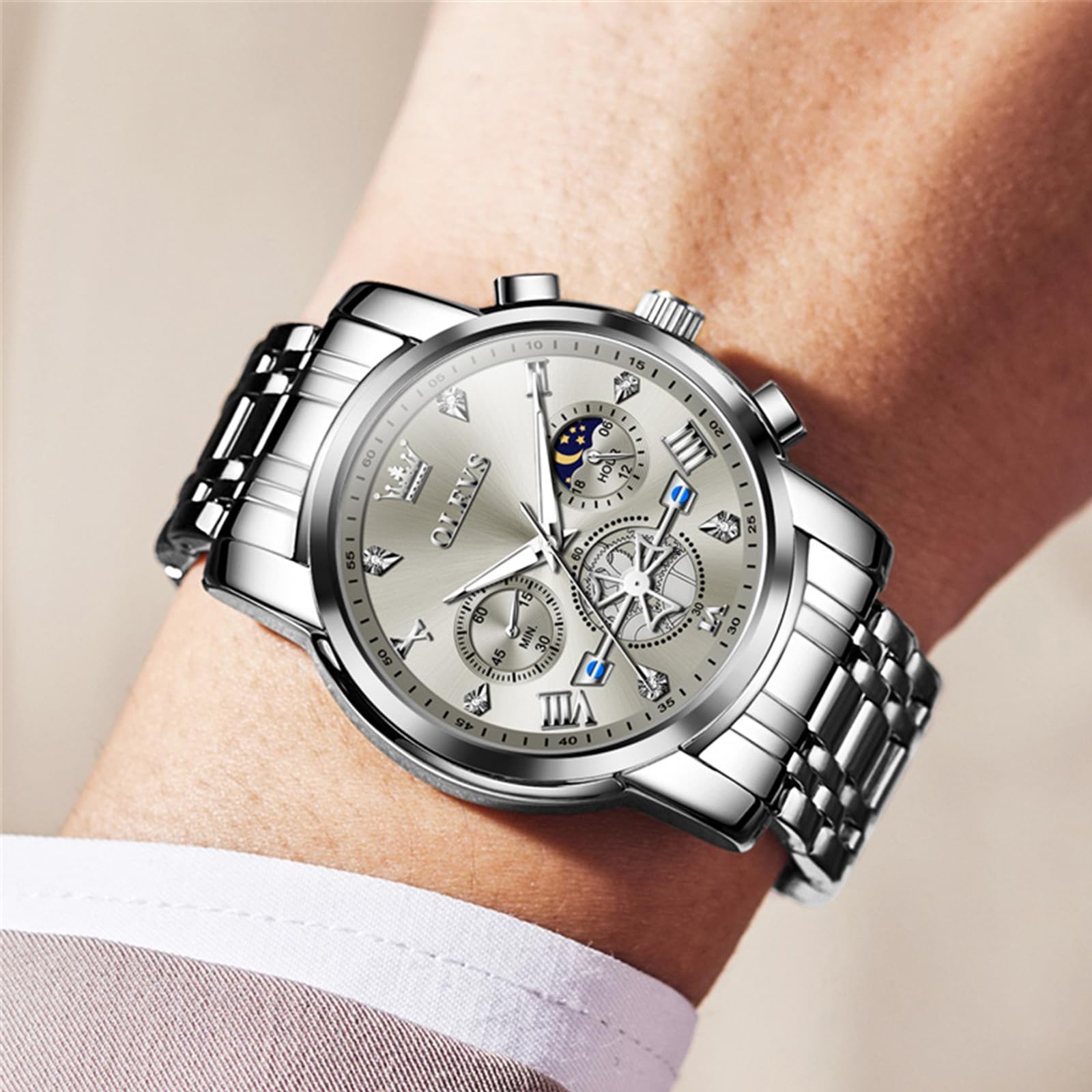 OLEVS Herren-Armbanduhr mit Zeitcode, Edelstahlarmband, Leuchtend, wasserdicht, multifunktional, Unterzifferblatt, Business-Kleid, Quarz, rund, Luxusuhren für Herren