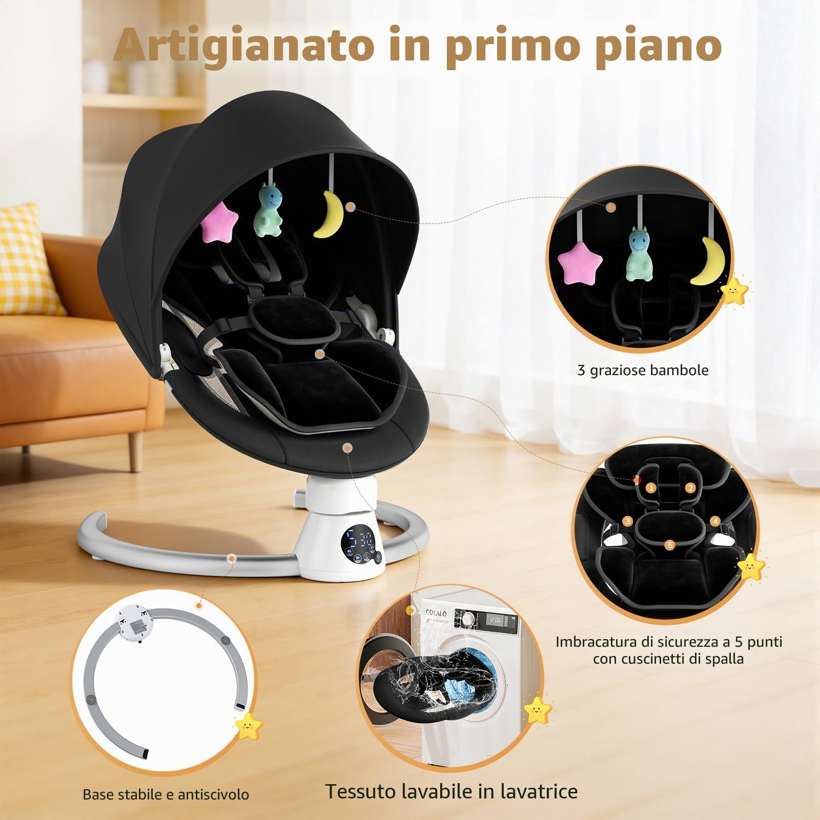 Sdraietta Elettrica per Bebè con App e Telecomando, Hamaca Elettrica fino a 9 kg con 5 Velocità di Oscillazione, 3 Timer, 11 Canzoni, Cinture di Sicurezza a 5 Punti, 2 Posizioni Seduta - Nero