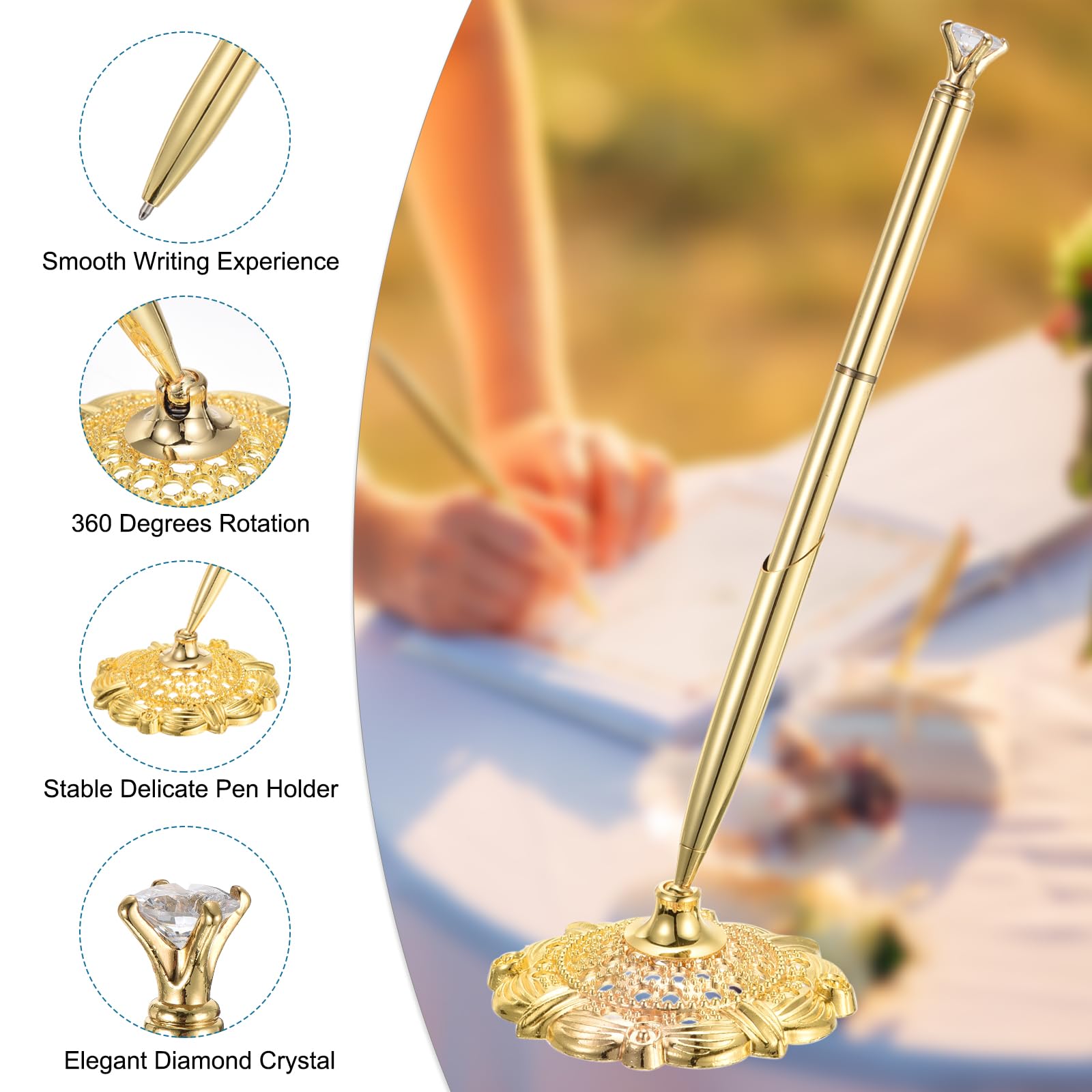 PATIKIL 2 Set Small Diamond Wedding Pen Guest Book Pen with Holder, Gold Tone, 1 count (Pack of 2) - Image 3