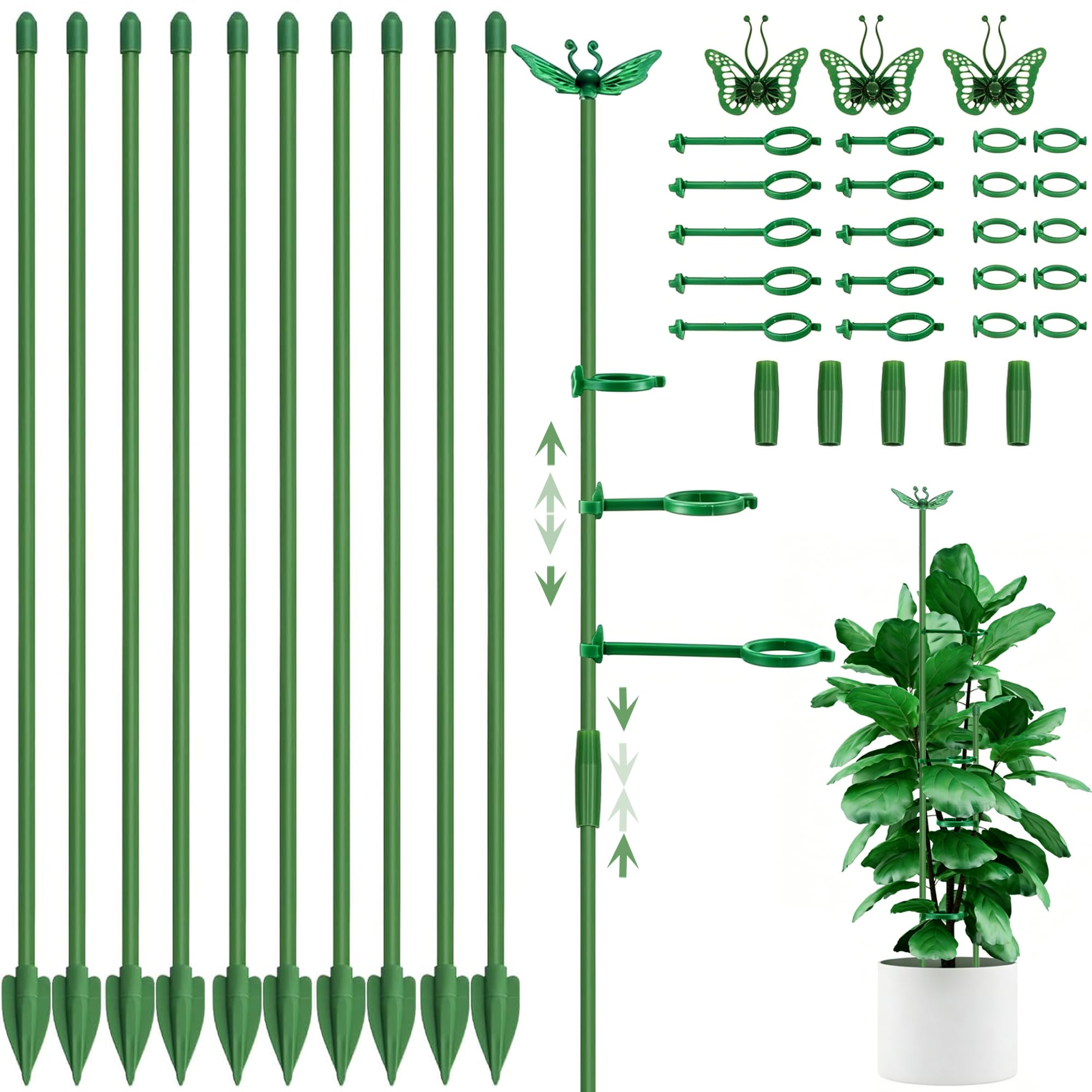 Adjustable Plant Support, 40cm Plant Stakes Support Sticks with Clips, 10 Pcs Plants Flower Support for Home Garden Rose, Peonies Climbing Plants, Tomato plant support (Green)