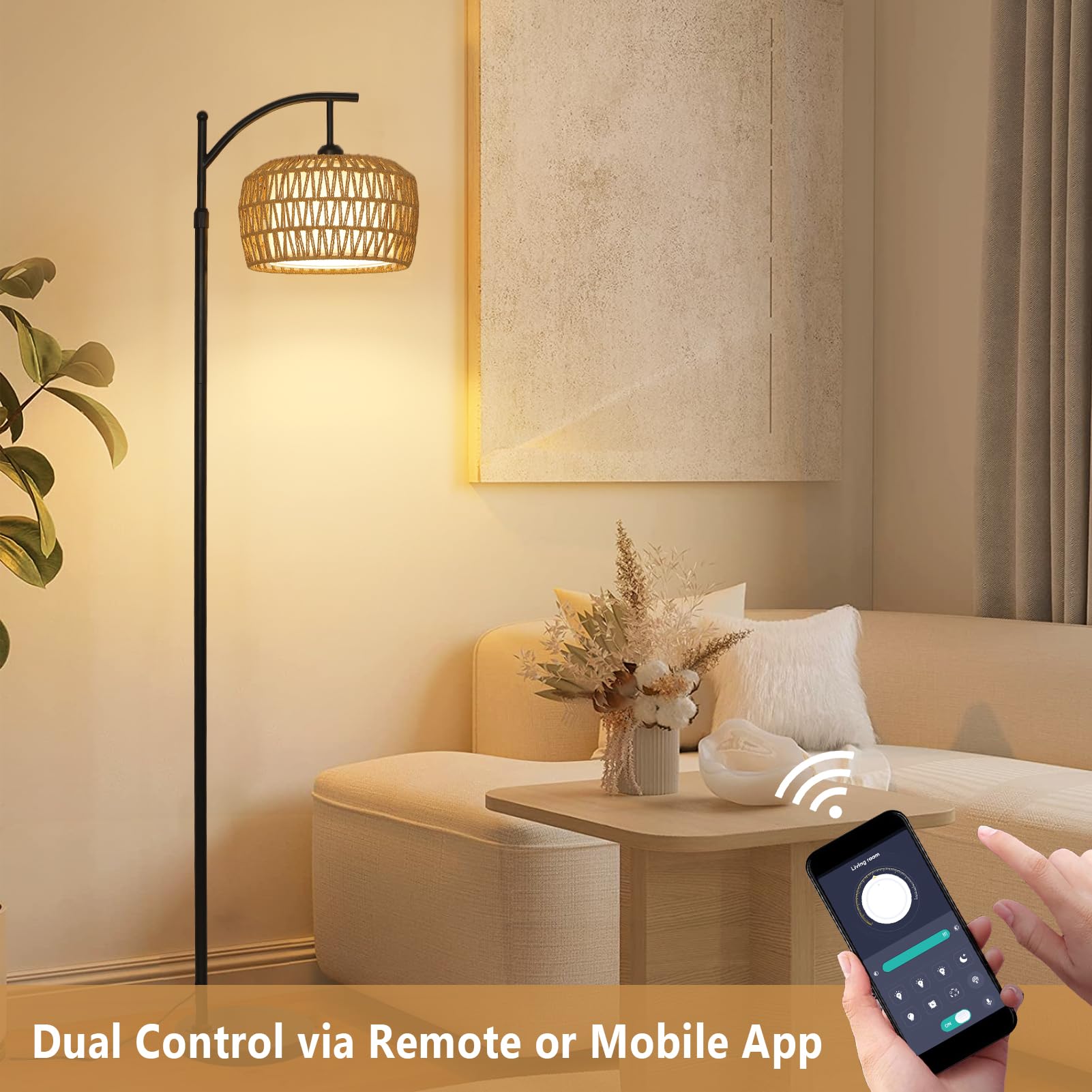 Rayofly - Lámpara de pie de ratán, con intensidad variable con control remoto, control de aplicaciones, lámpara de pie Boho con pantalla de ratán y bombilla, color negro