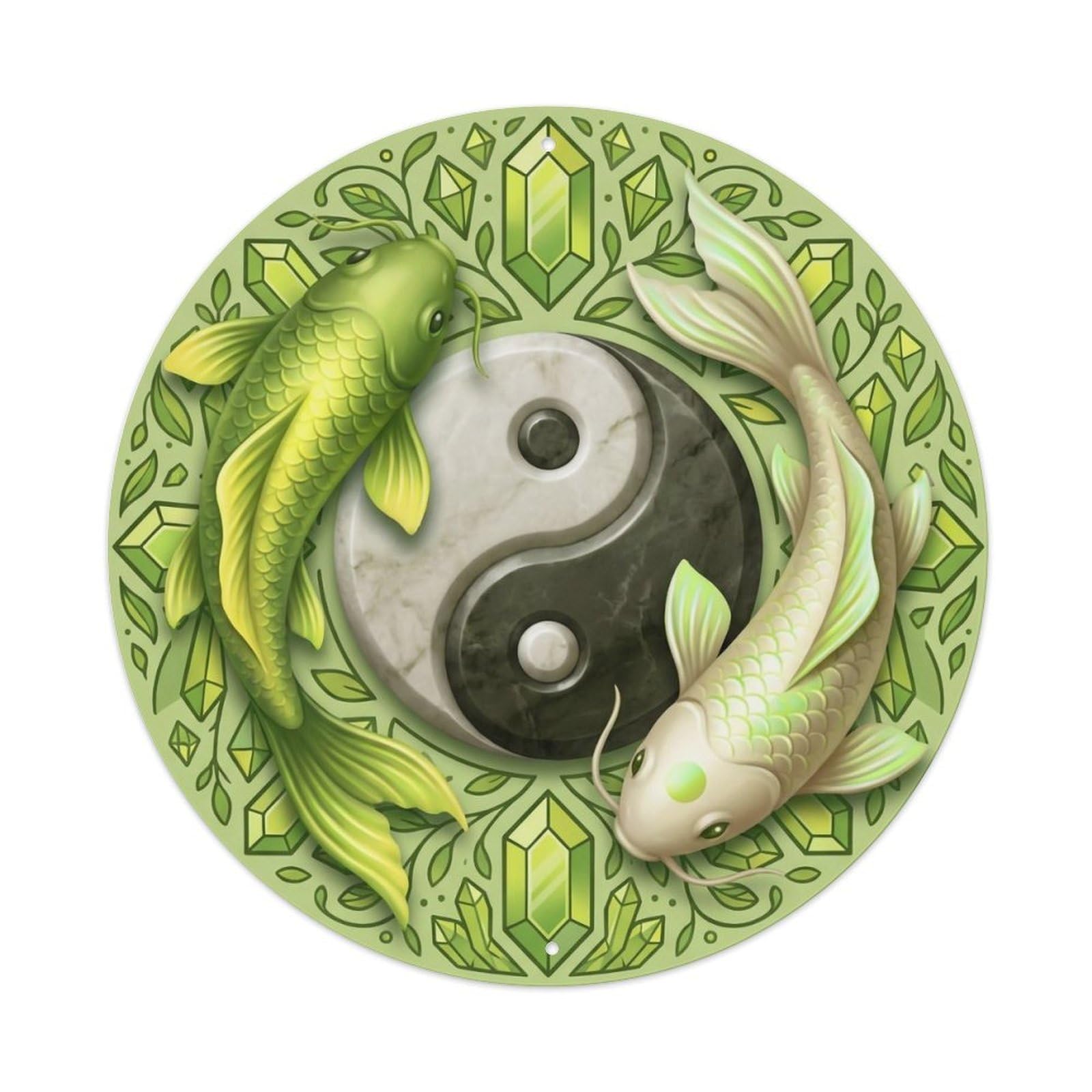Tai Chi Koi Fish Peridot Green Yellow Gem Metal Tin Sign