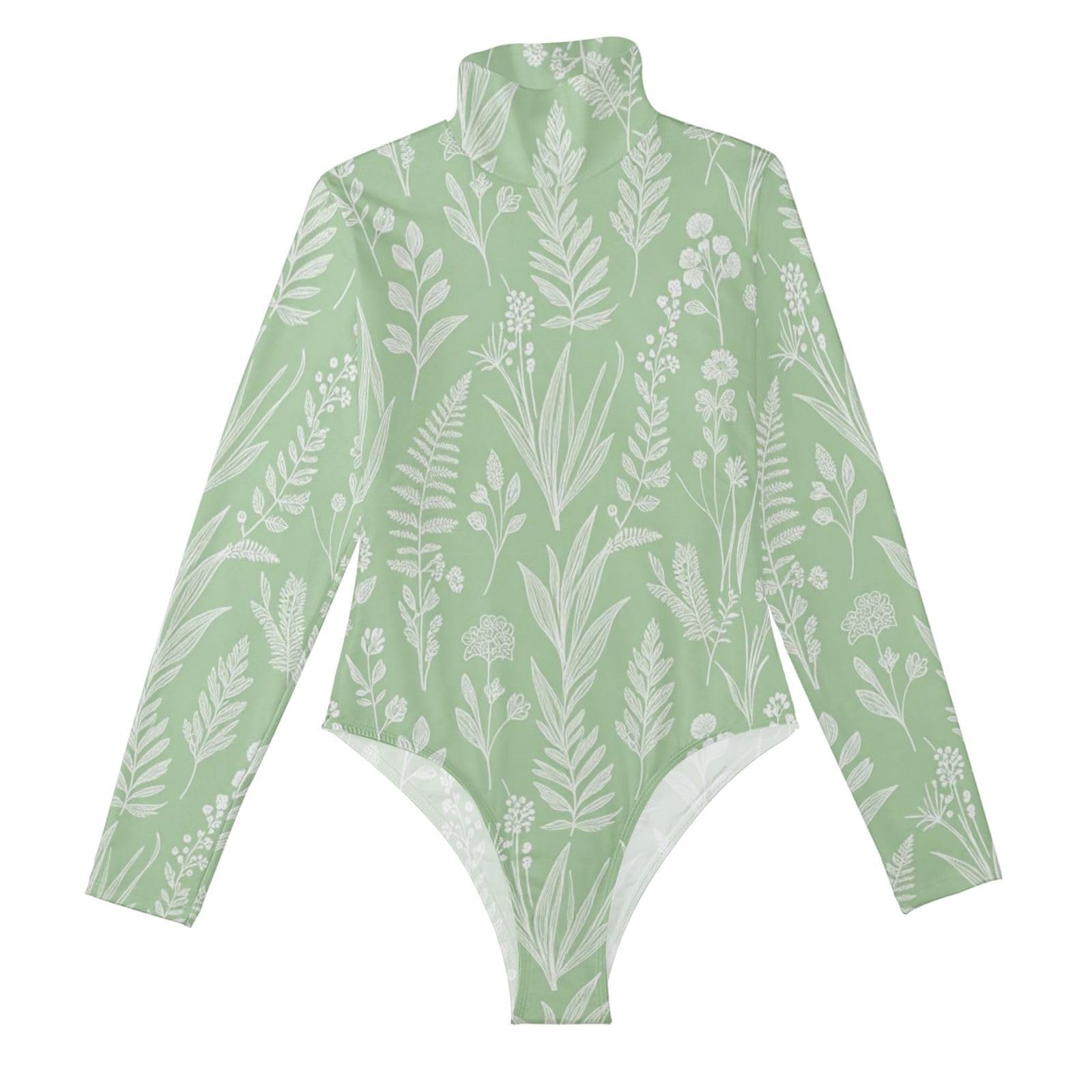 Maillot de cuello alto premium con estampado de hojas verdes suaves 8