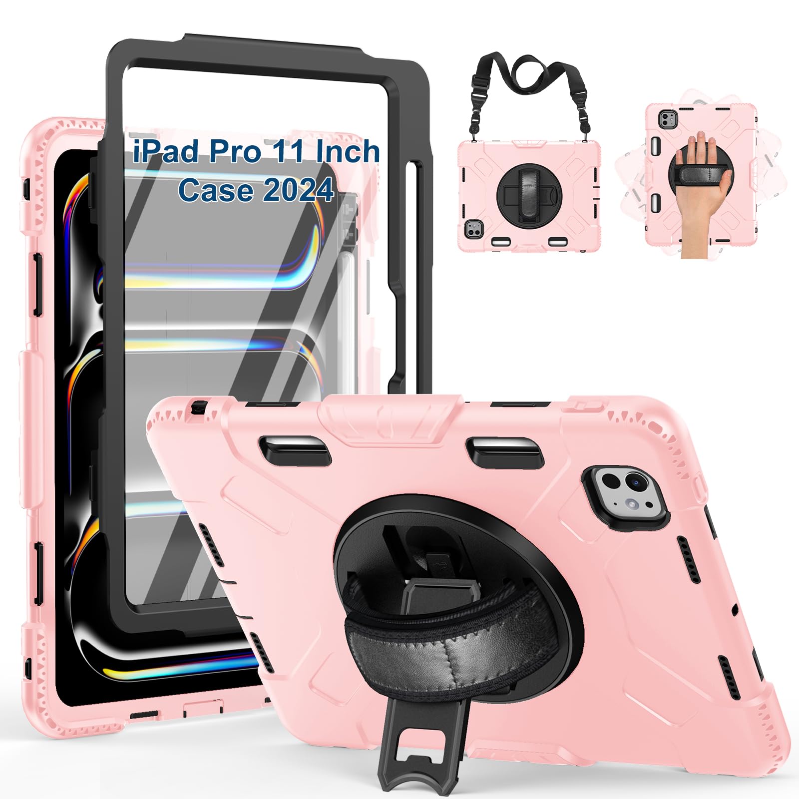 SUPFIVES 2025/2024 iPad Pro 11 Inch Case M5 (6th Generation), with Screen Protector/Shoulder Strap/Pencil Holder/Handle/Rotating Stand, Pink