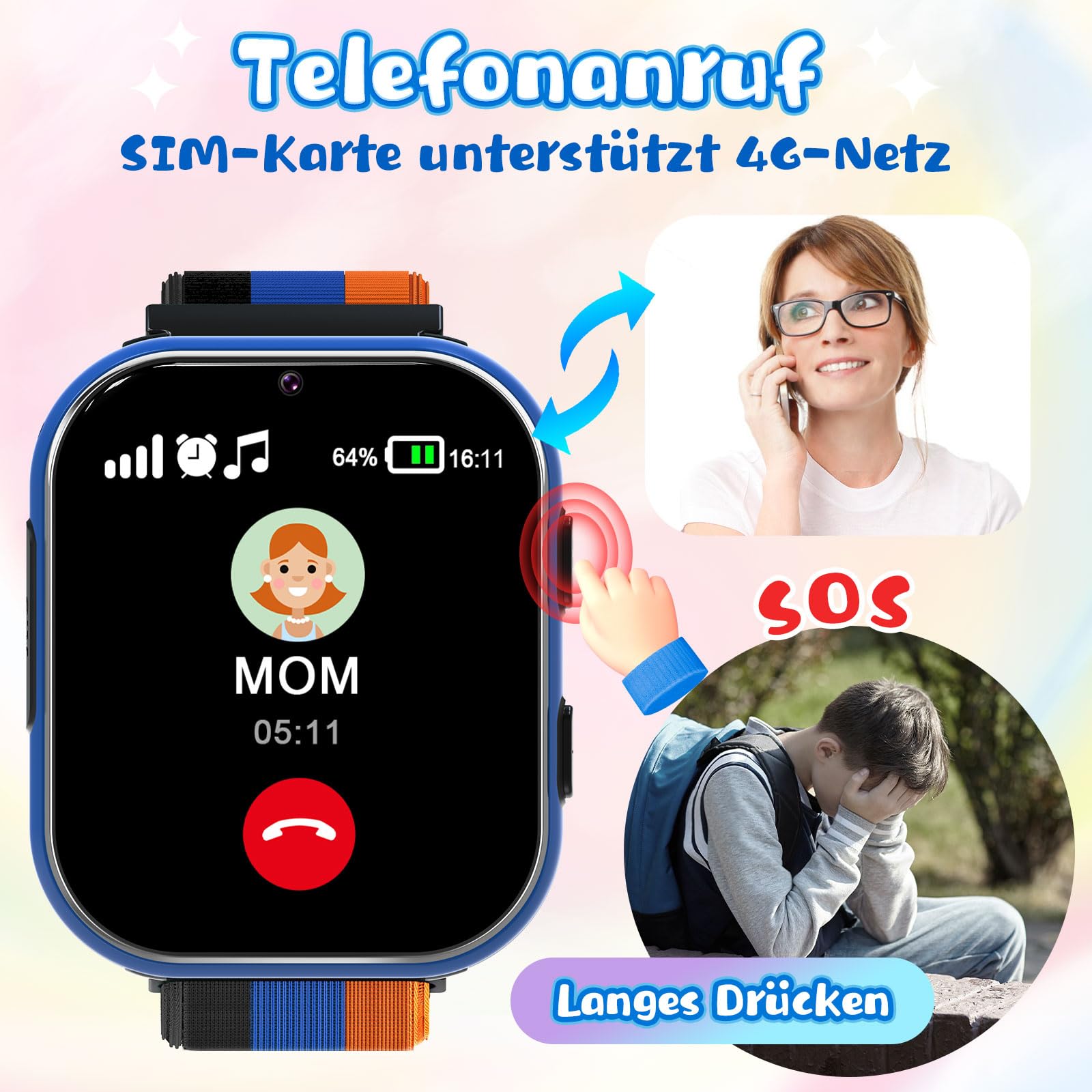 PTHTECHUS Smartwatch bambini 4G, orologio telefonico per bambini con funzione di chiamata, chiamate bidirezionali, fotocamera, MP3, SOS, scheda di apprendimento, regalo per ragazzi e ragazze (blu)