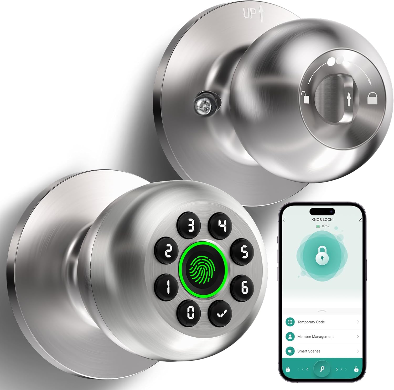 Fingerprint Door Lock, Smart Fingerprint Door Knob with Keypad, Biometric Door Locks with App Control & Key, Keyless Thumbprint Entry Door Locks for Bedrooms, Front Door, Home-Polished Silver