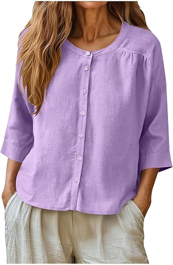 Womens Linen 3/4 Sleeve Crew Neck Button Down Shirts Summer Lightweight Cute Dressy Casual Loose Blouse Tops