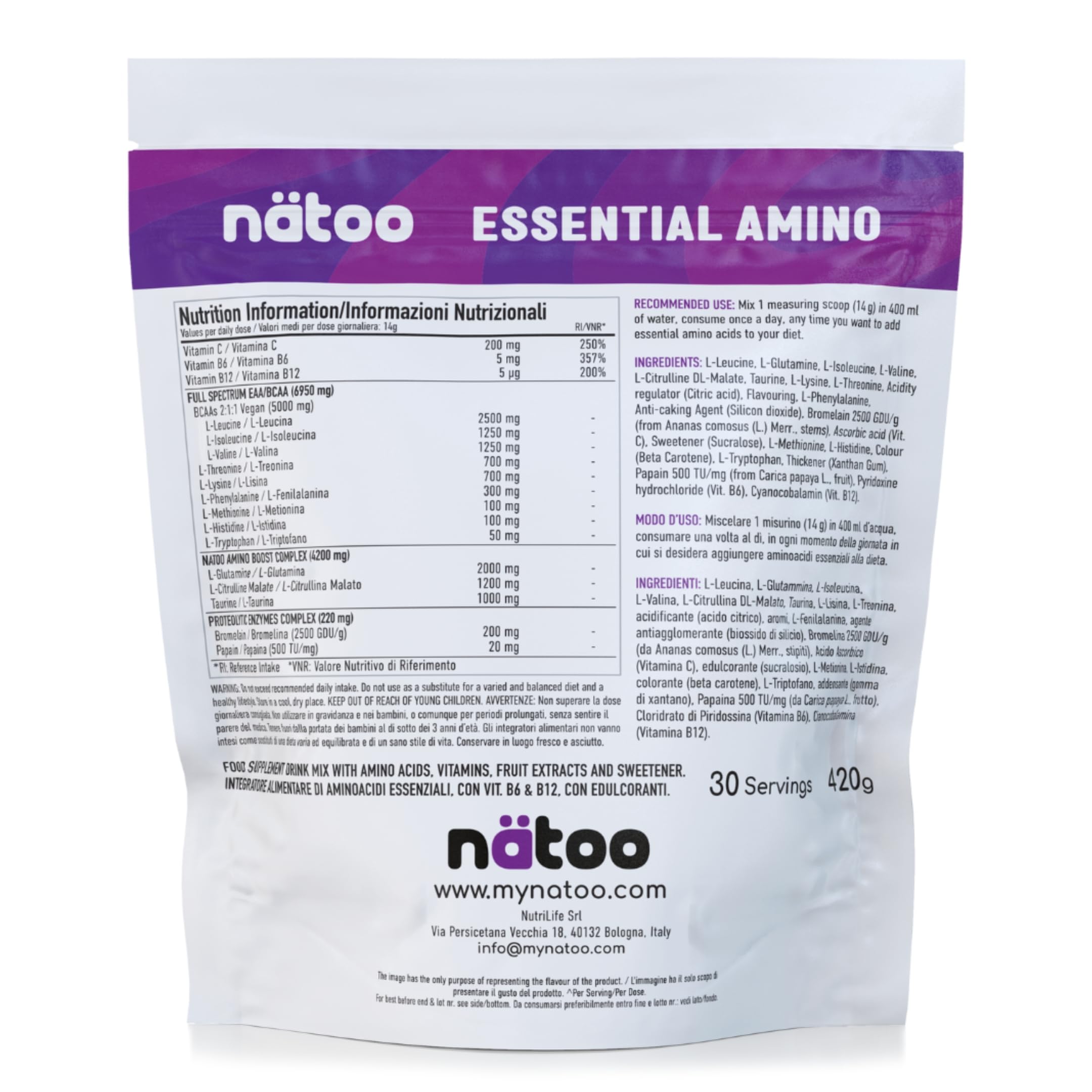 Nätoo Essential Amino Passion Fruit - Aminoacidi Essenziali in Polvere con BCAA, Vitamina C, B6, B12, Glutammina, Bromelina, Taurina, Citrullina - Prestazioni, Recupero al Top - Eaa Senza Zucchero