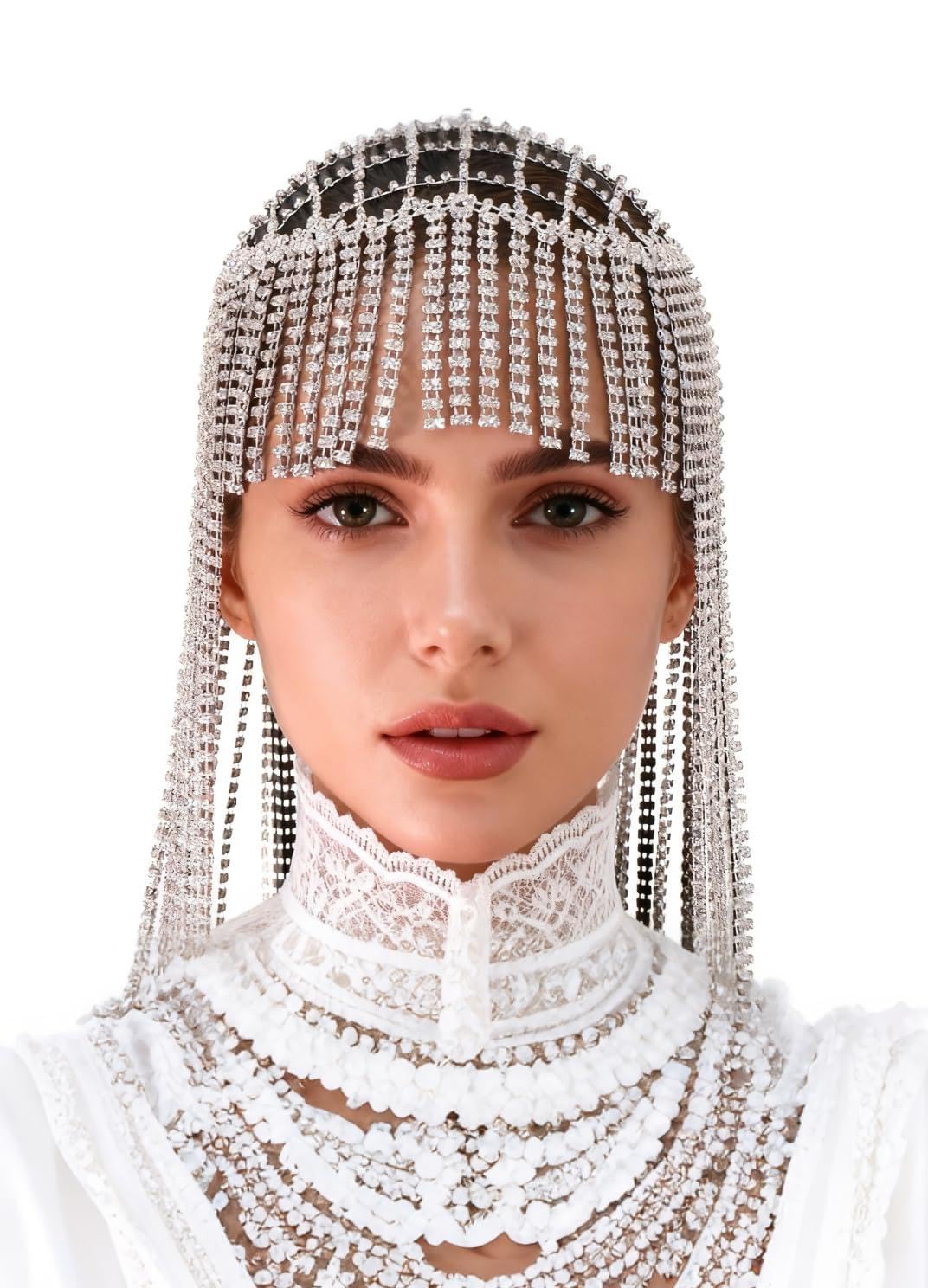 Hairbands for Women Fashion Beaded Tassels Head Chain Silver Headpiece Theatrical Forehead Genie Goddess Rhinestone Head Piece for Wedding Bridal Headdress Festival Hair Accessories