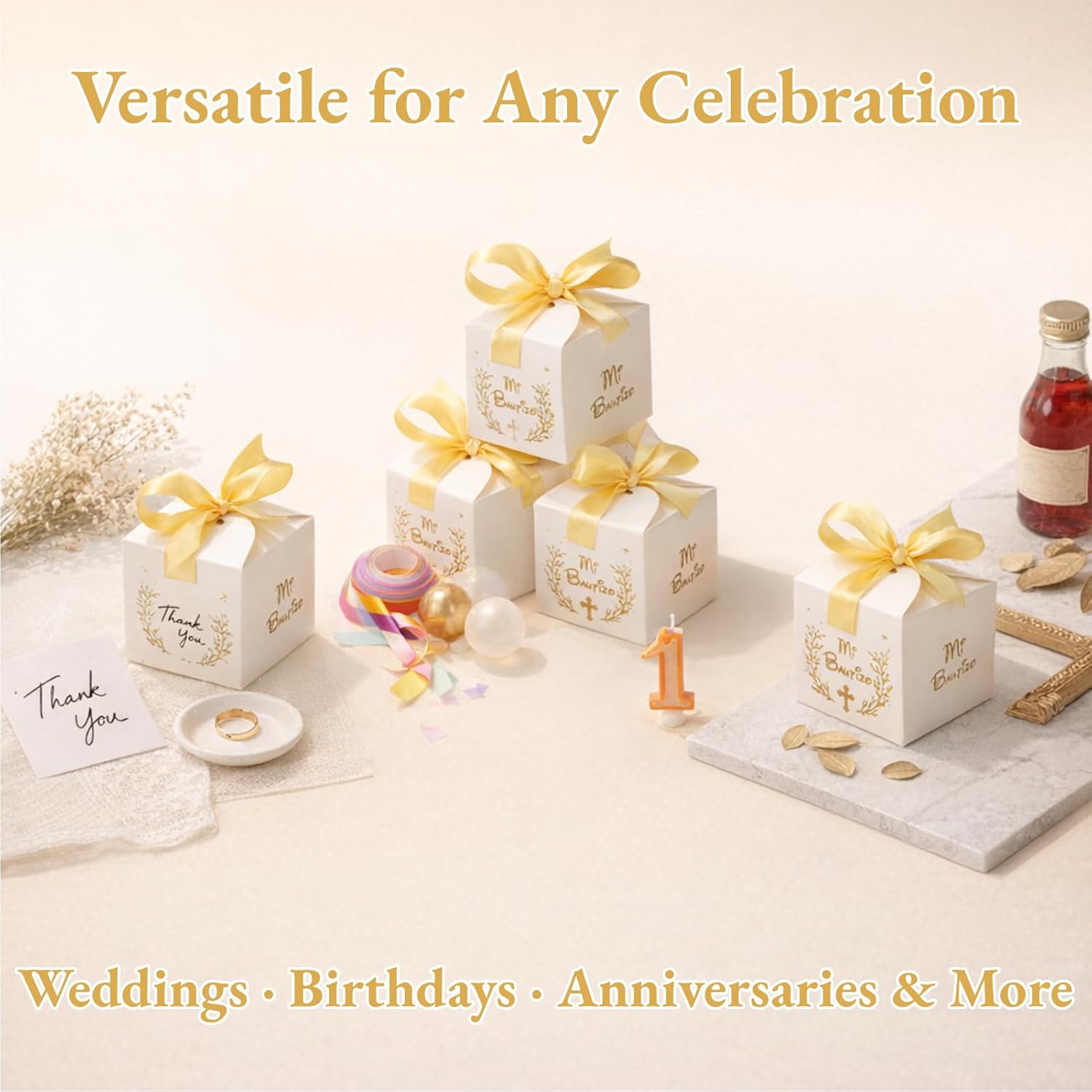 AUNMAS 50pcs Wedding Party Favor Candy Boxes, Paper Material Pattern Gift Box with Gold Ribbon Wedding Gift Boxes for Anniverary Birthday Party, White - Image 4