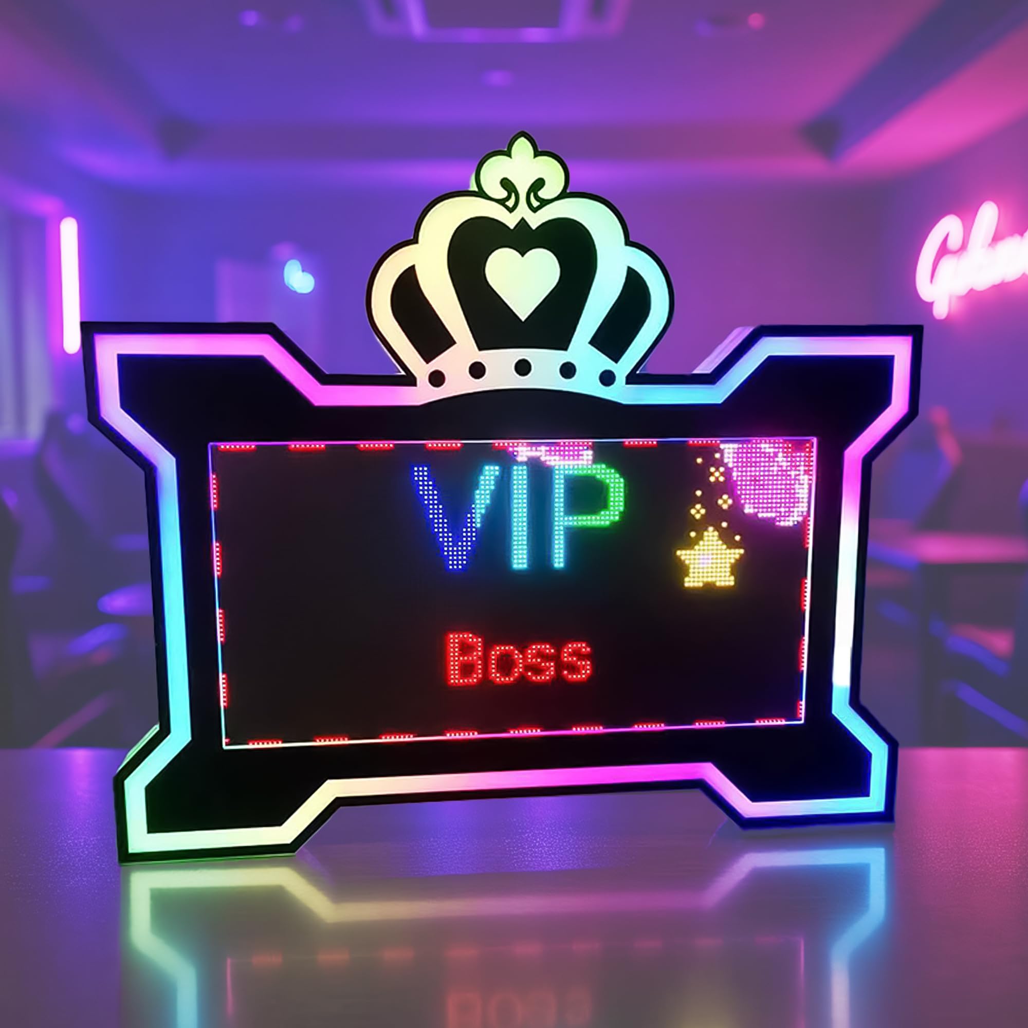 Letrero Bar LED con Texto Desplazable Personalizable - Marco Acrílico Luminoso, Control por App Móvil, Luces RGB para Servicio VIP, Discotecas y Fiestas Crown Design
