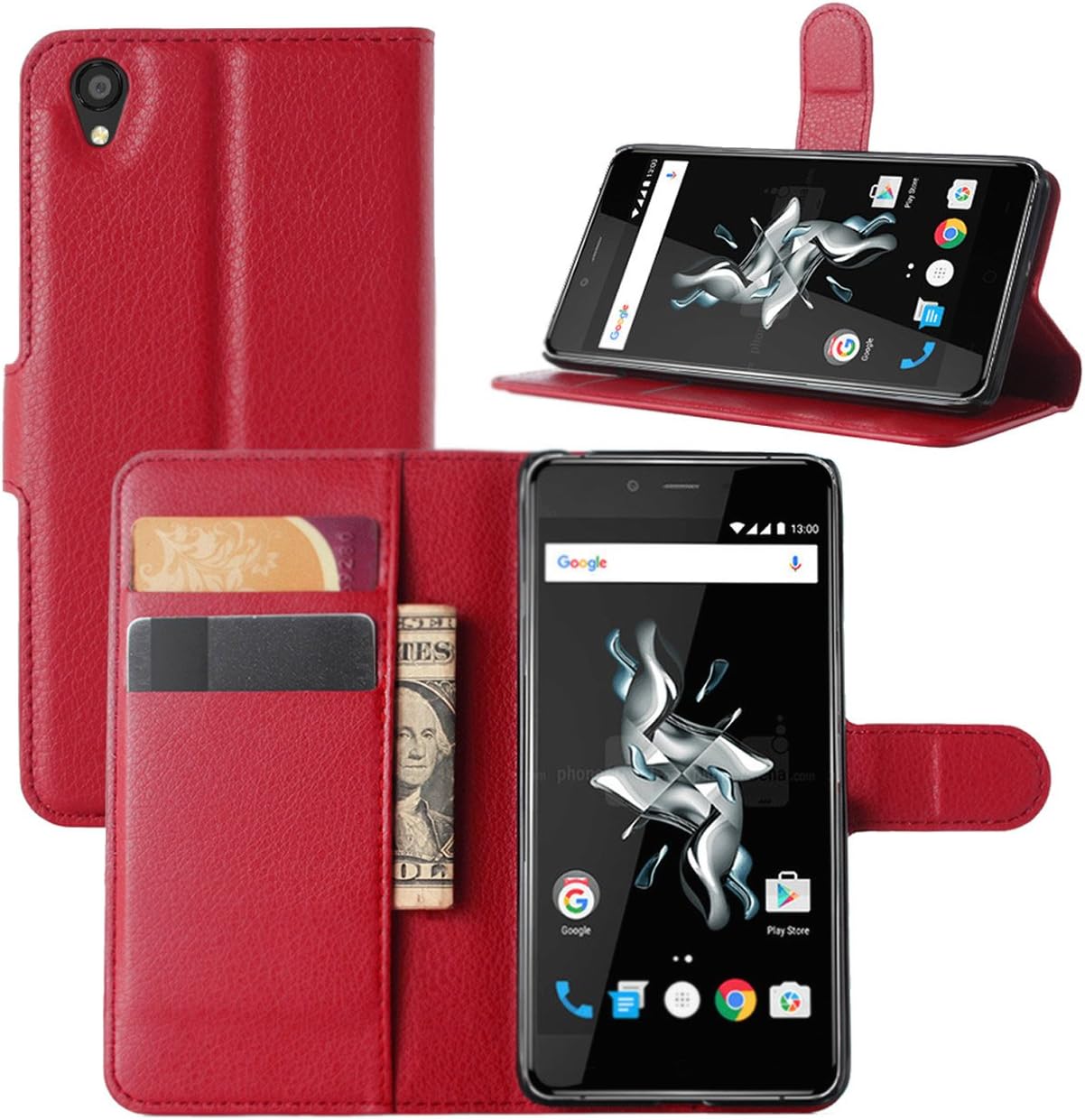 OnePlus X Case, Premium PU Leather Wallet Flip Case Cover with Stand Card Holder for OnePlus X 2015 Smartphone (Wallet - Red)