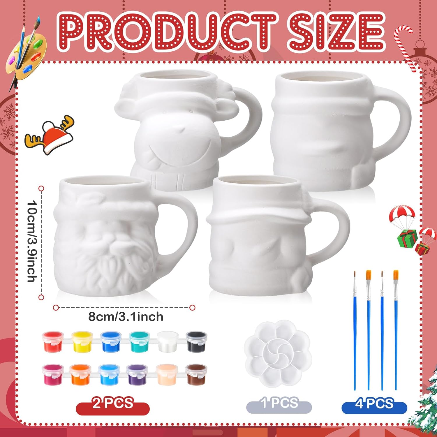 LOYIM Set of 4 Christmas Ceramic to Paint Color Your Own Mugs Christmas Craft for Adult Santa Snowman Elk Penguin DIY Mug Painting Kit with Paints, Brushes, Palette for Xmas Activity Art Decoration - Image 2