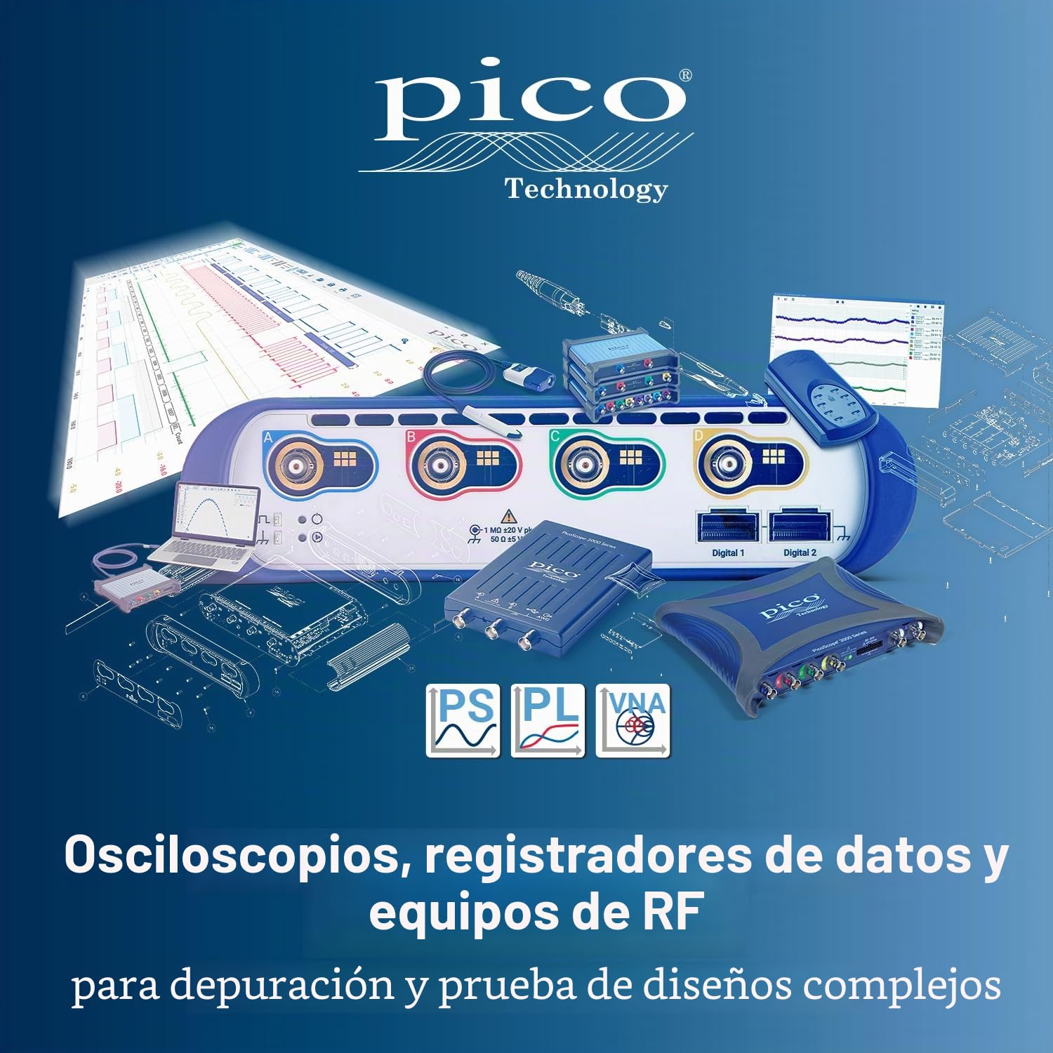 Pico Technology PicoScope 2204A-D2 Osciloscopio USB Digital 2 en 1 Portatil PC 2 canales, 10 MHz sin sondas y PS7 Software
