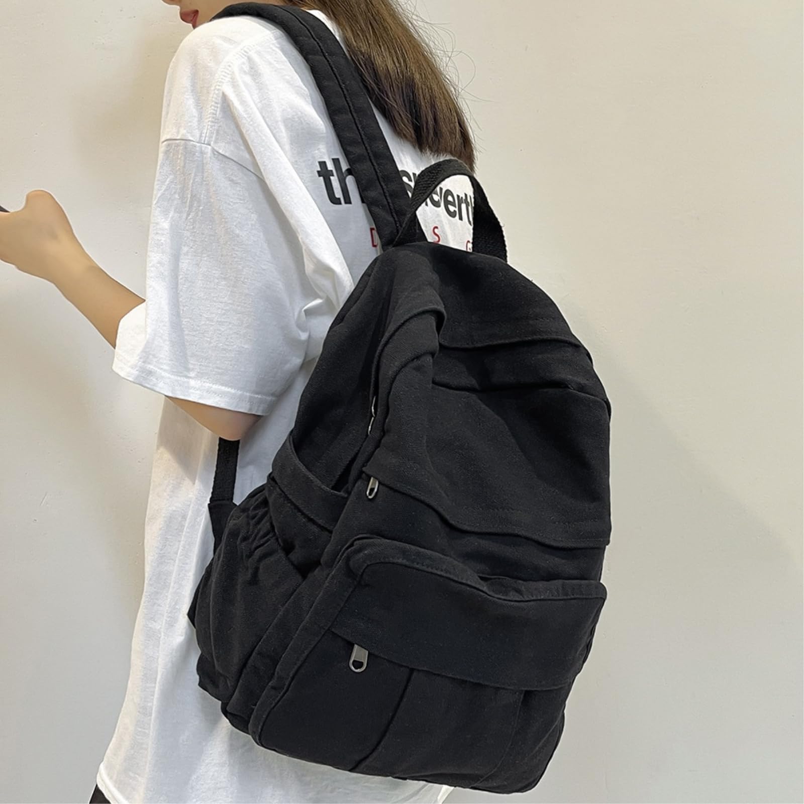 Plecak Na Laptopa Płótno Podróży Torba Na Książki College Casual Day-Black