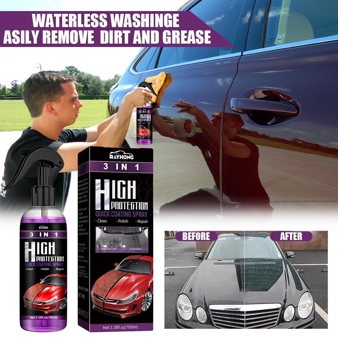 HONGECB High Protection Spray 3 w 1, Nano Ceramic Spray Coating, Renowacja Pro Auto Nadwozie, Polerowanie samochodu Powłoka natryskowa, polerka naprawa Pro Auto Motocykl karoseria, 2 szt
