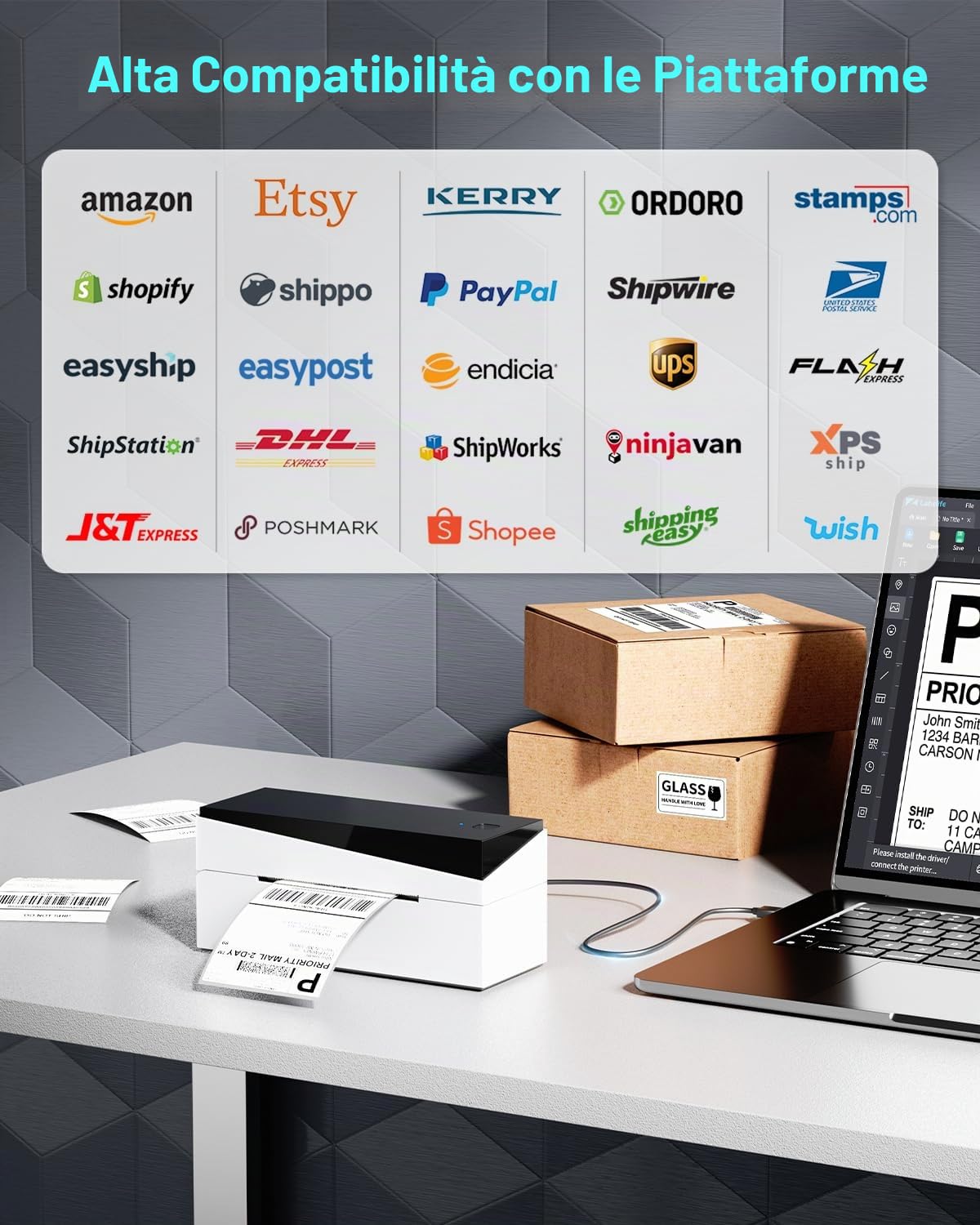 Stampante per etichette termica Bluetooth, stampante per etichette 4x6 per ufficio domestico e business, ampiamente utilizzata per Shopify, Amazon, compatibile con Android, iPhone, Windows