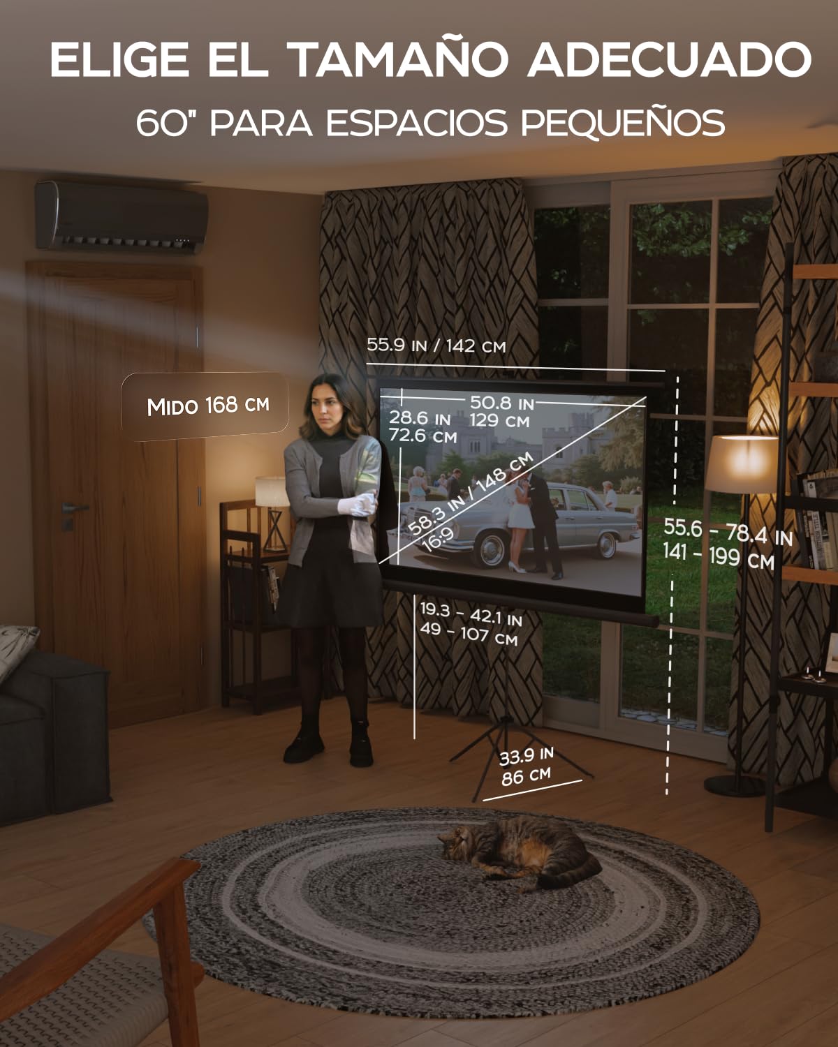 Pantalla para proyector con Soporte de 60 in - Pantalla de proyección para películas o presentaciones - Pantalla de trípode de Alta definición 16:9 sin Arrugas con Bolsa de Transporte y Correas