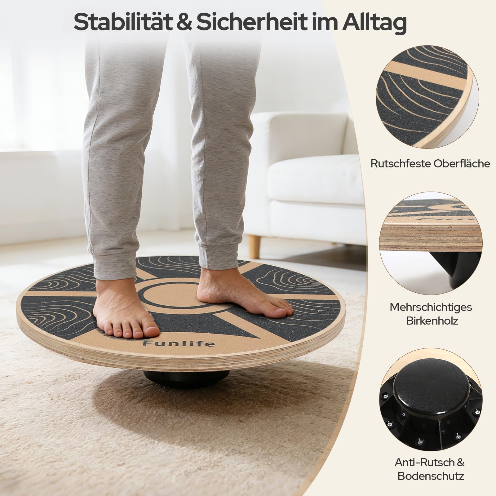 FunLife Balance Board aus Holz – Stabiler Gleichgewichtstrainer für Core Training, Fitness & Balance, Rutschfest & Langlebig