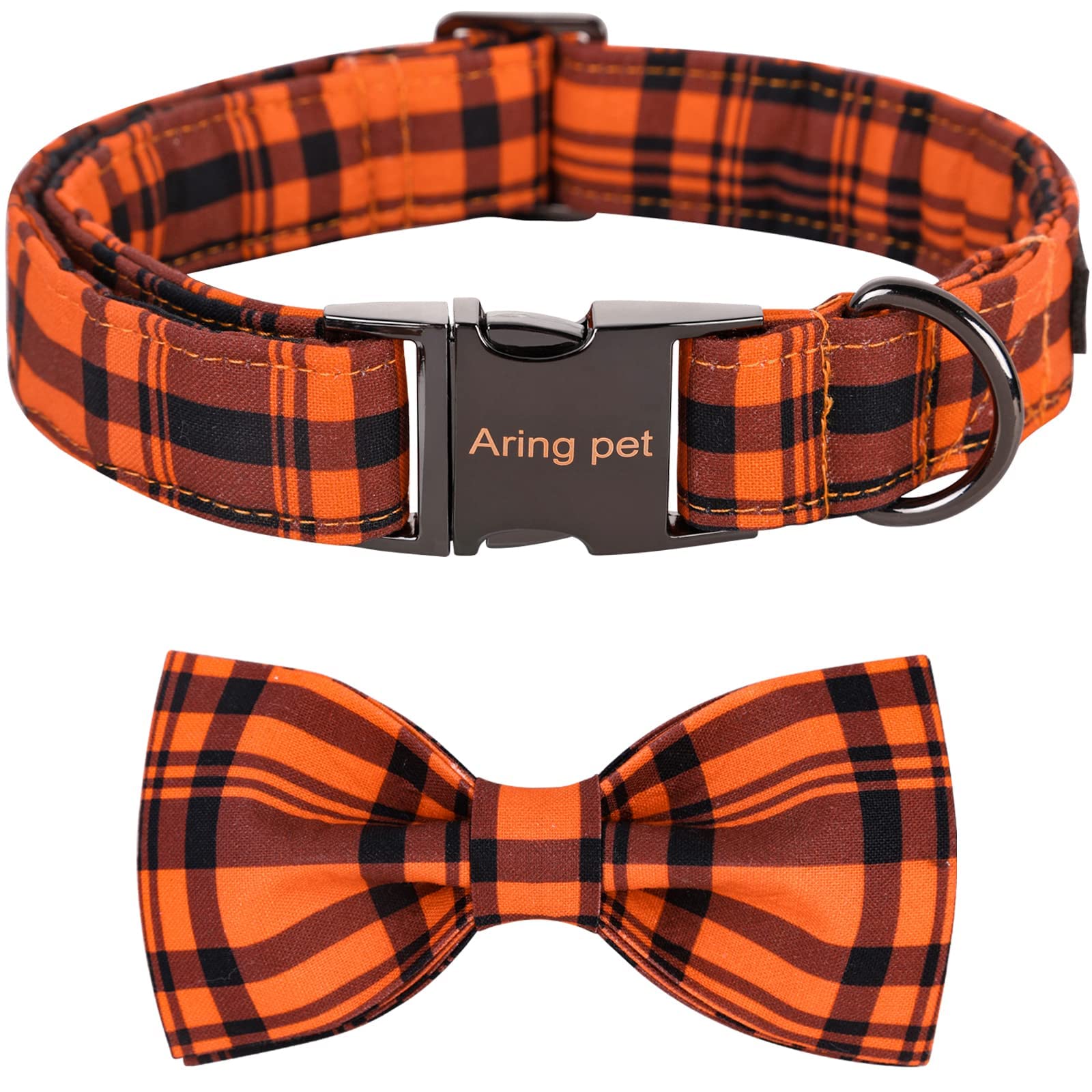 ARING PET Dog Collar, Cute Fall Dog Collar with Bow, Adjustable Halloween Orange Grid Bowtie Dog Collars with Metal Buckle for Small Medium Large Dogs-M