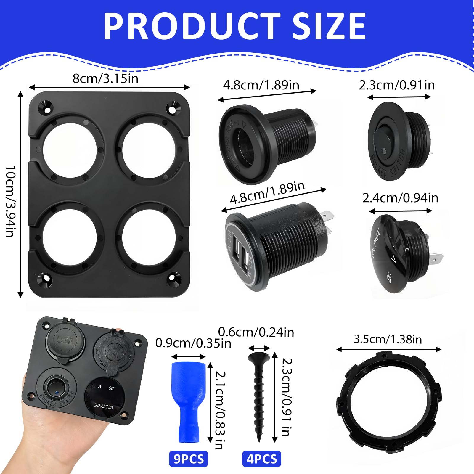 4 in 1 Pannello Caricabatteria da Auto USB 12V per Barca e Camper, Presa Marine Interruttore Pannello con Accendisigari da 240 W, Doppie Porte USB, Voltmetro a Led Blu E Interruttore a Bilanciere