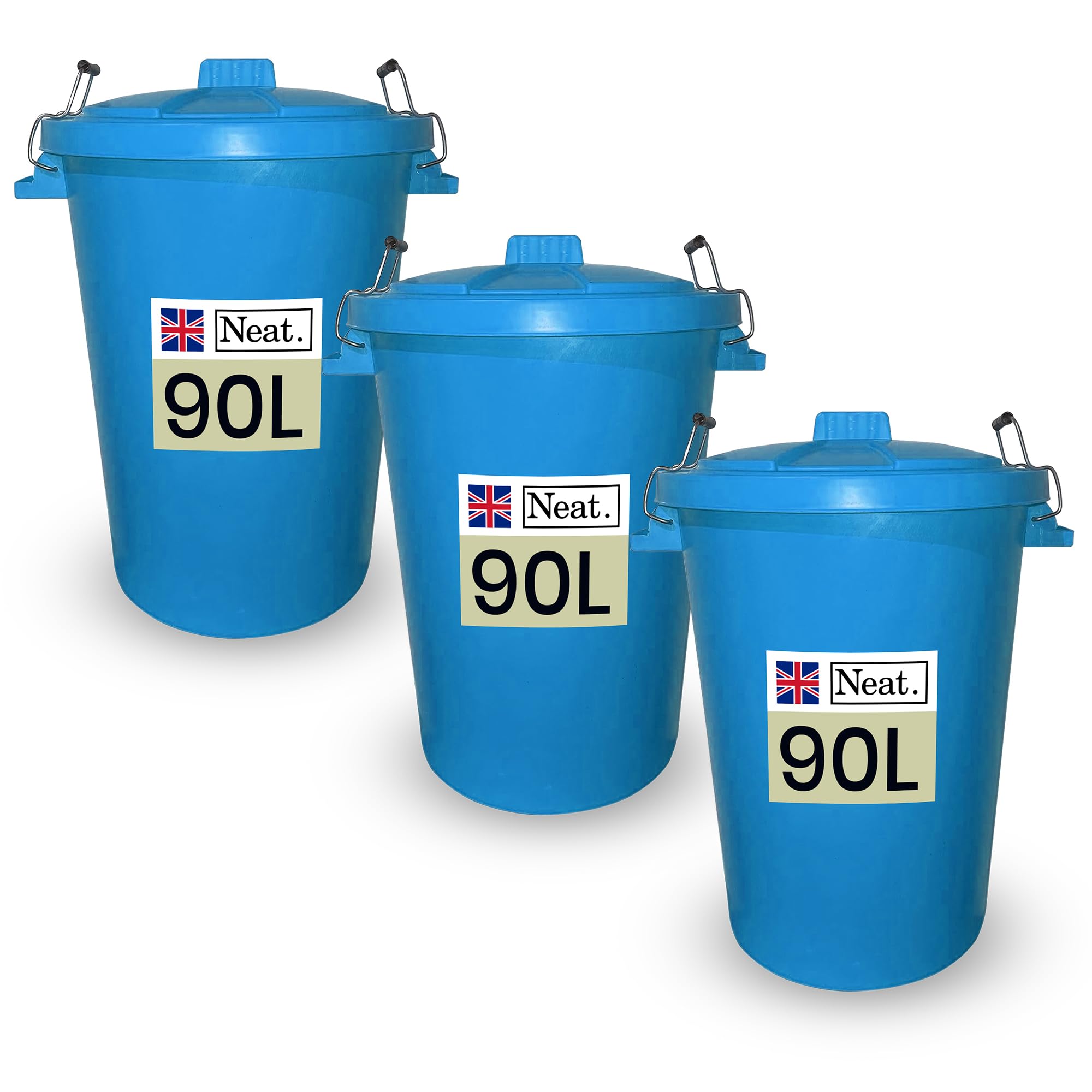 Neat. 90L Large Plastic Bins, Heavy Duty Kitchen Bin with Metal Handle, Dustbin with Lid for Easy Refusal, Sky Blue-3Pack