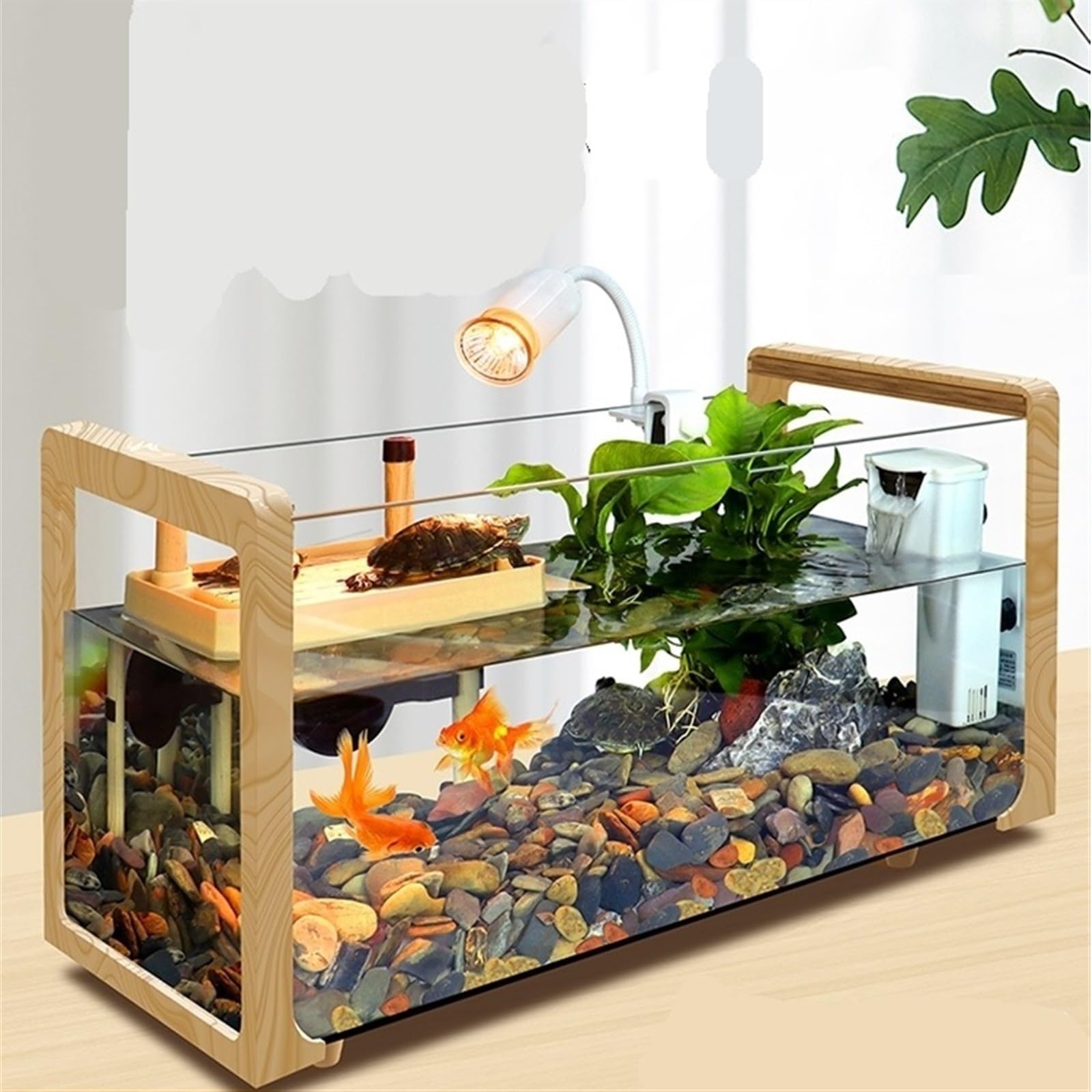 Acuario con marco de madera de tortuga, acuario de cristal ultra blanco, tanque de peces transparente para mezclar (40 x 21 x 24 cm)