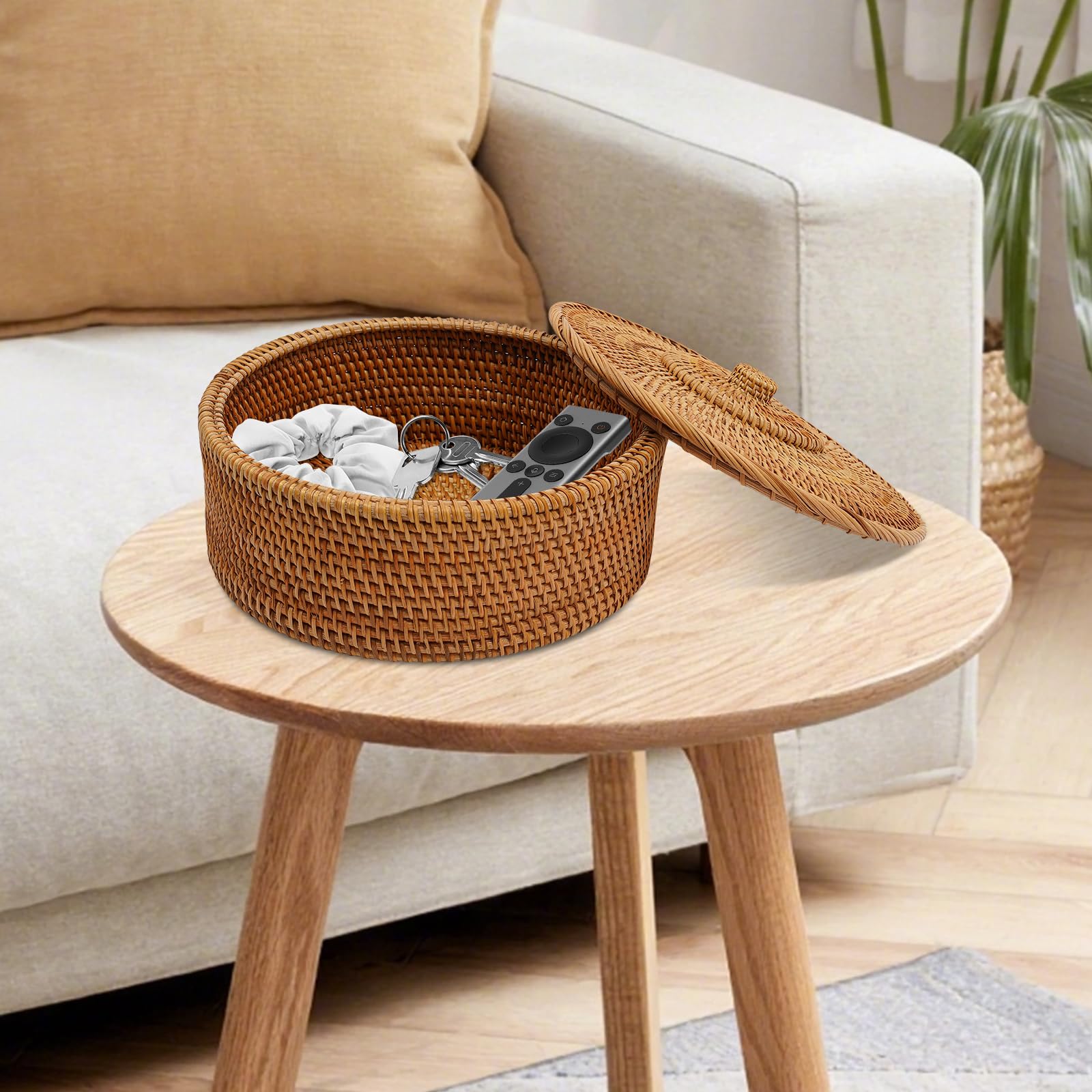Cesto in rattan naturale con coperchio, contenitore rotondo in rattan con coperchio, 30 x 13 cm, realizzato a mano, cestello intrecciato, per frutta, pane, caramelle