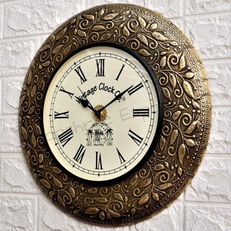 Vintage Clock Brass Inlay Wooden Handcrafted Wall Clock/One Year Warranty / 3641-16-FR