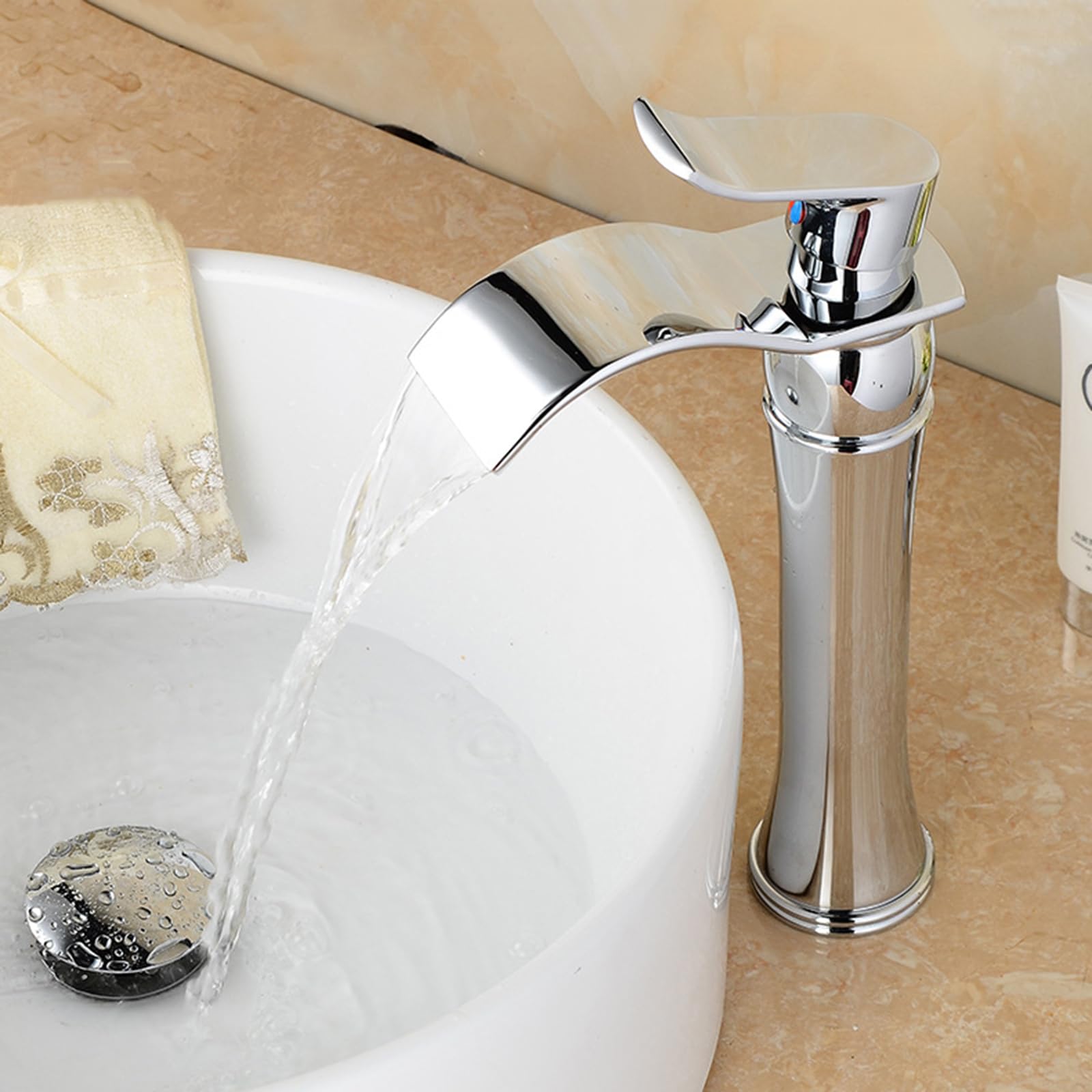 Rubinetto per Lavabo Alto Cascata Bocca Piatta Caldo E Freddo Miscelatore per Lavabo Alto Ottone Rubinetto per Lavabo Cascata Cromato Lavandino da Bagno Rubinetto