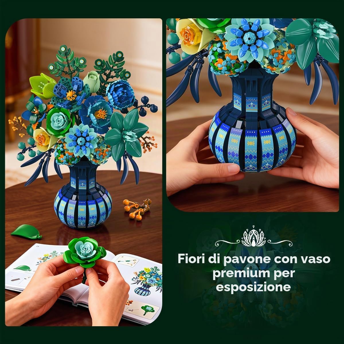 Plaxsoon Set Fiori con Vaso per Adulto, Bouquet Botanico in Mattoncini